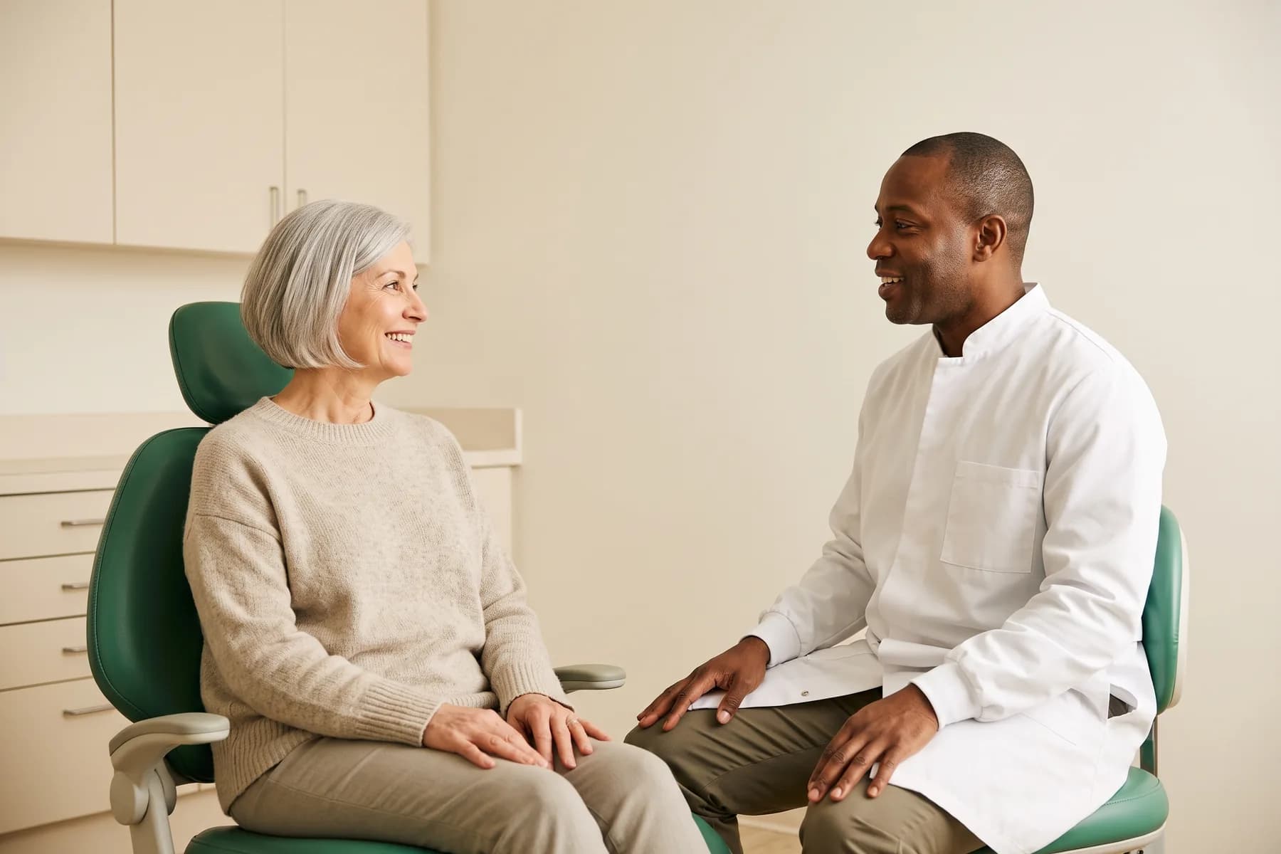 A smiling woman with short gray hair in a dental chair talking with a dentist in a white coat.