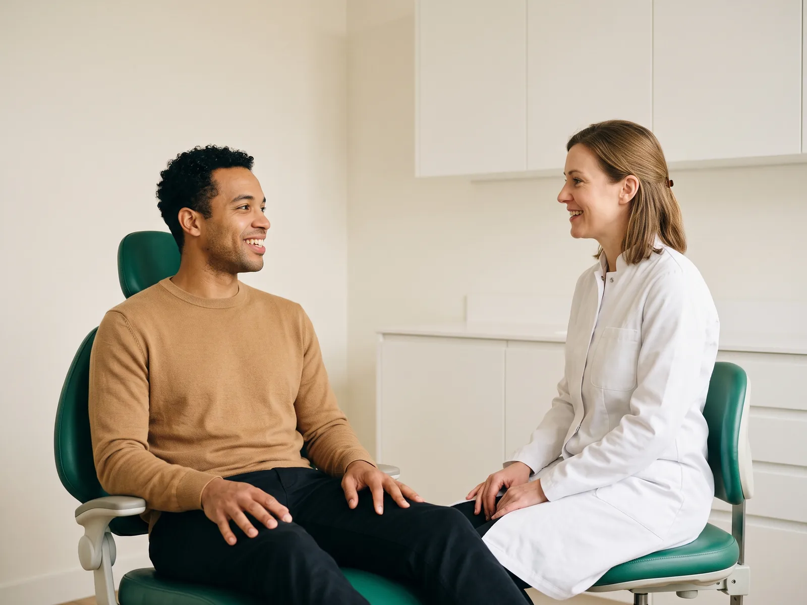 A smiling man in a dental chair listening to a dentist in a white coat.