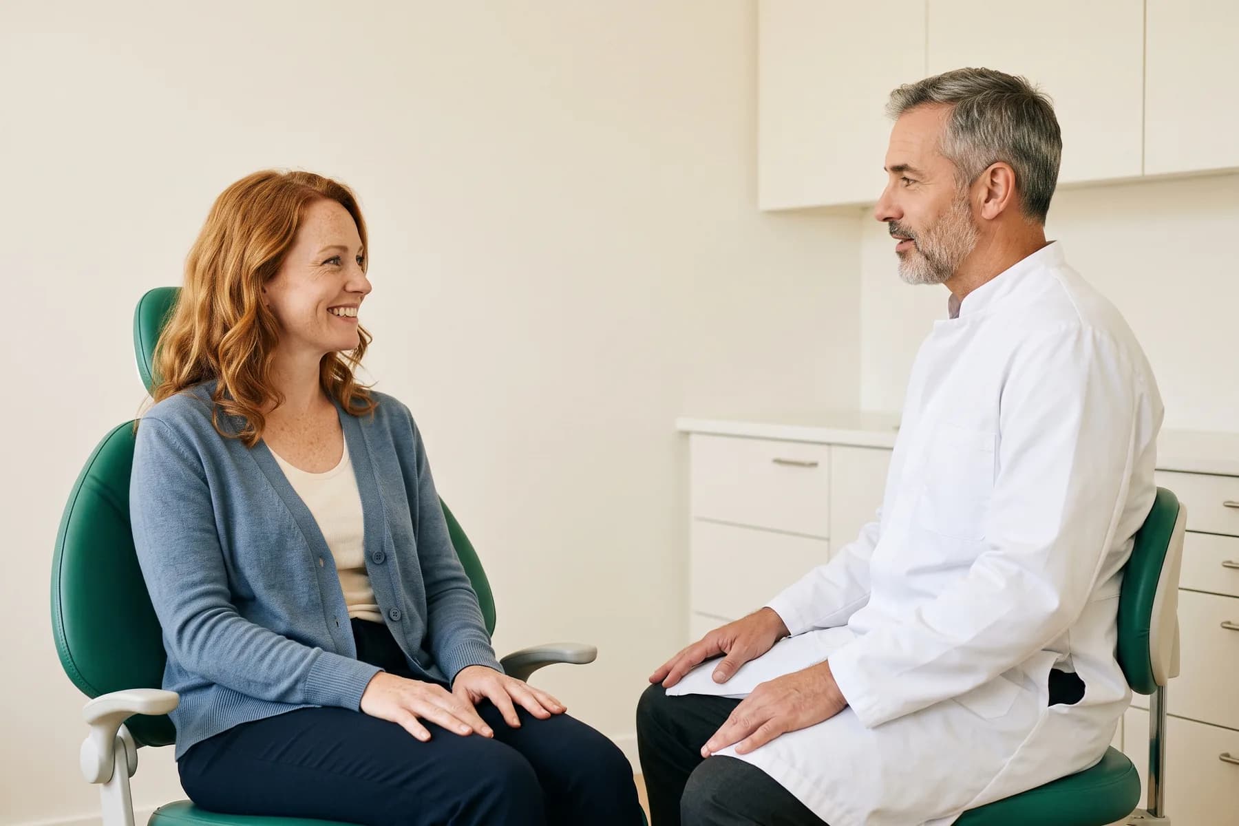 A smiling woman with red hair in a dental chair talking with a dentist in a white coat.