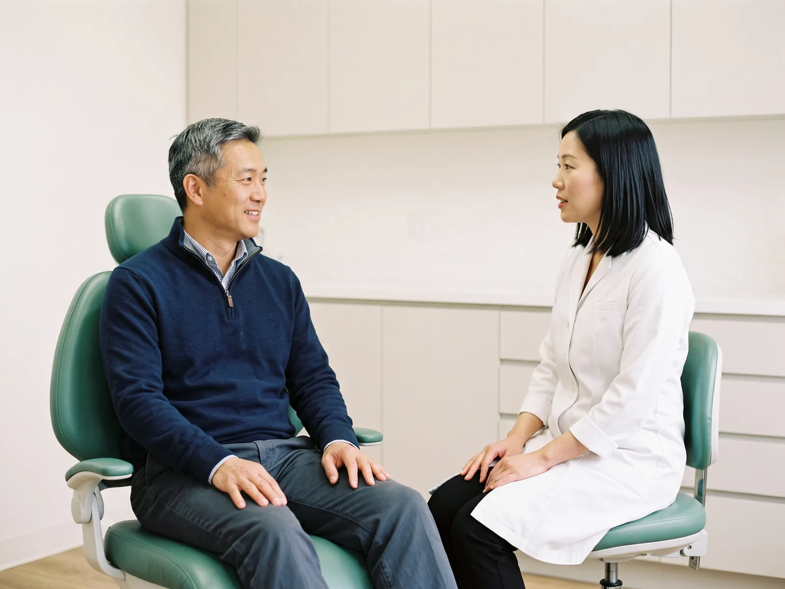 A smiling man in a dental chair listening to a dentist in a white coat.