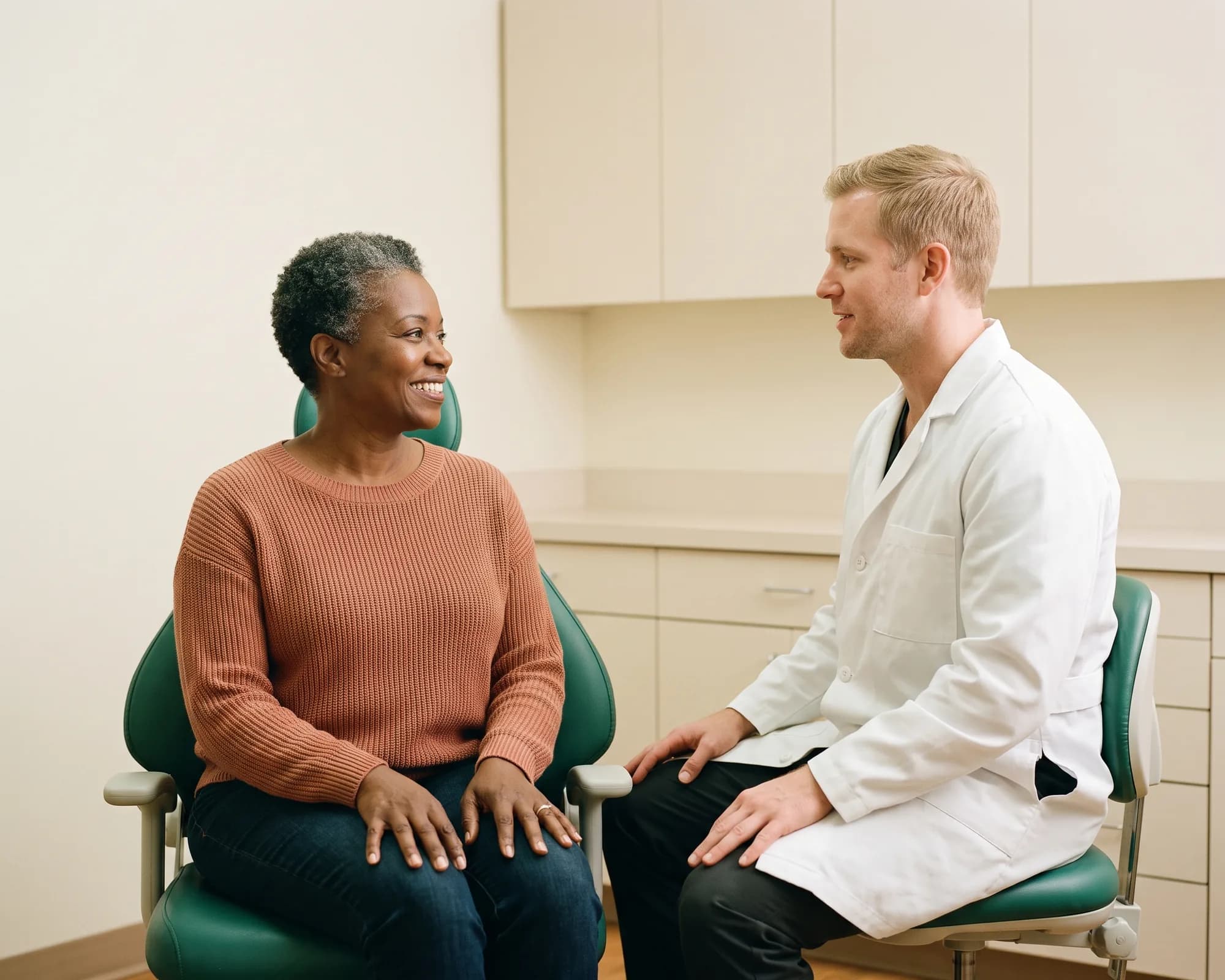 A smiling woman in a dental chair talking with a dentist in a white coat.