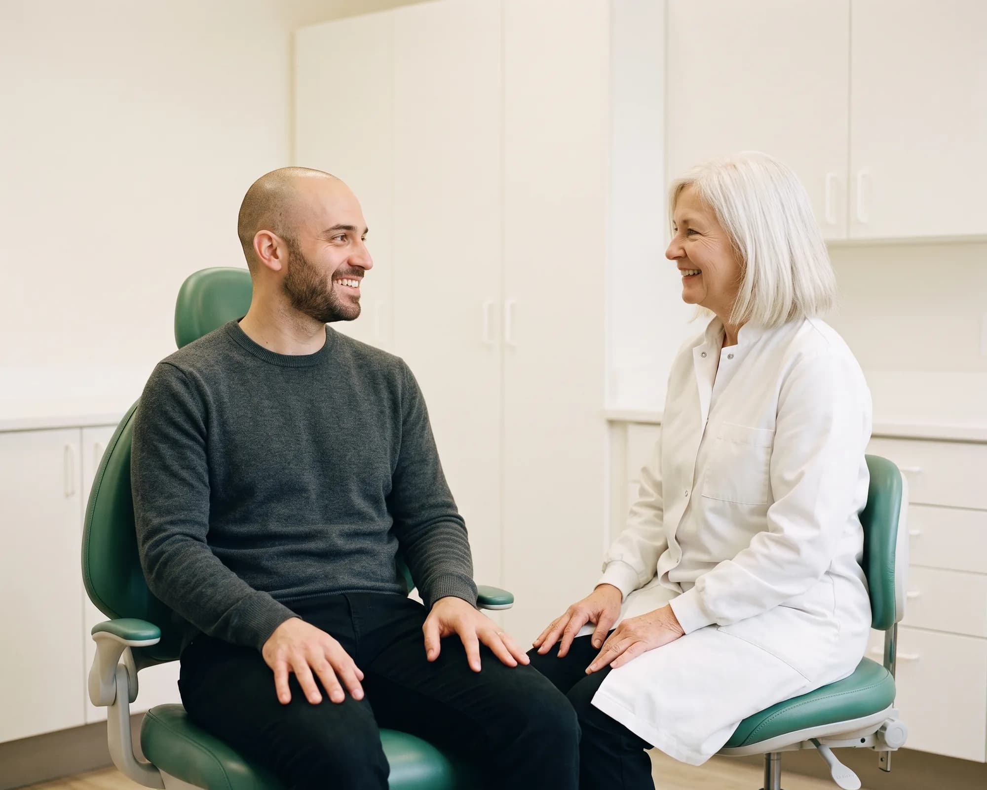 A smiling man in a dental chair talking with a dentist in a white coat.