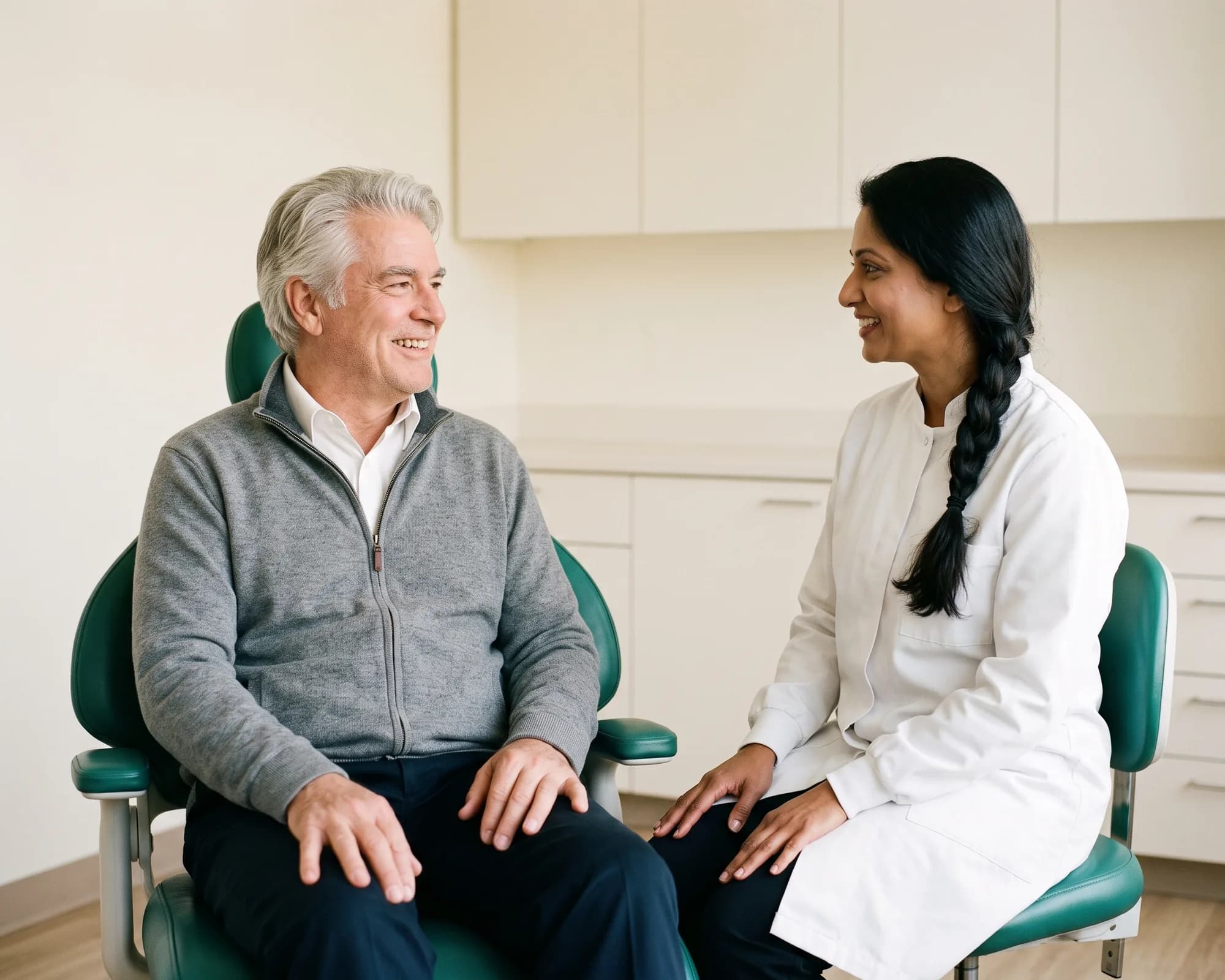 A smiling older man in a dental chair talking with a dentist in a white coat.