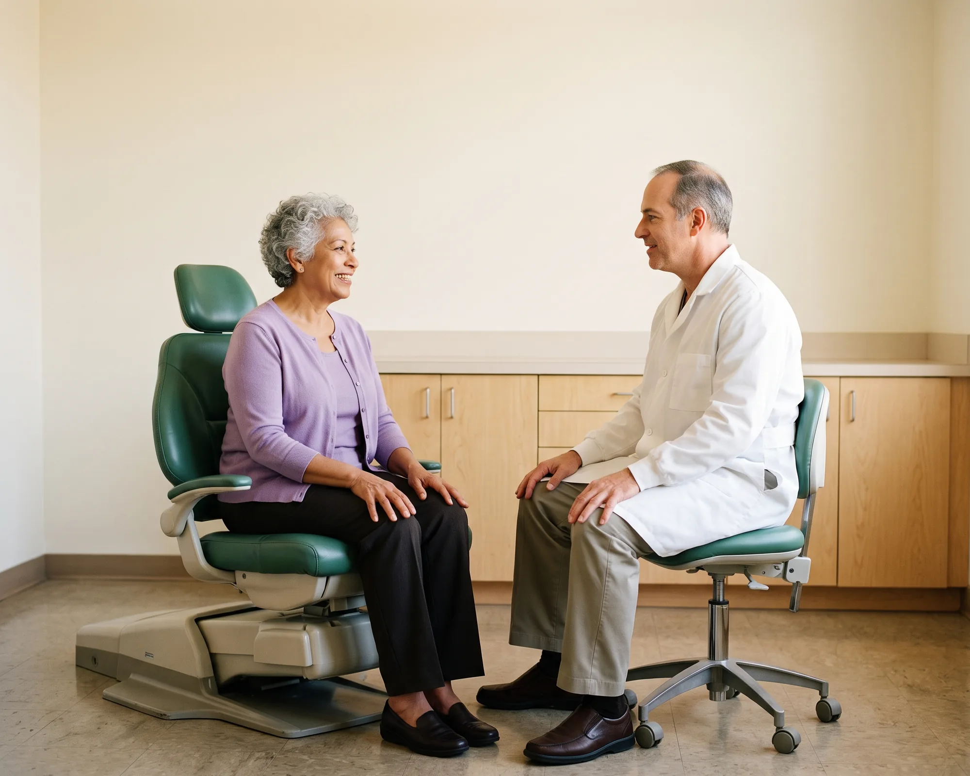 Illustrative dental conversation with a smiling woman with short silver curls in a lavender cardigan and a dentist in a white coat.