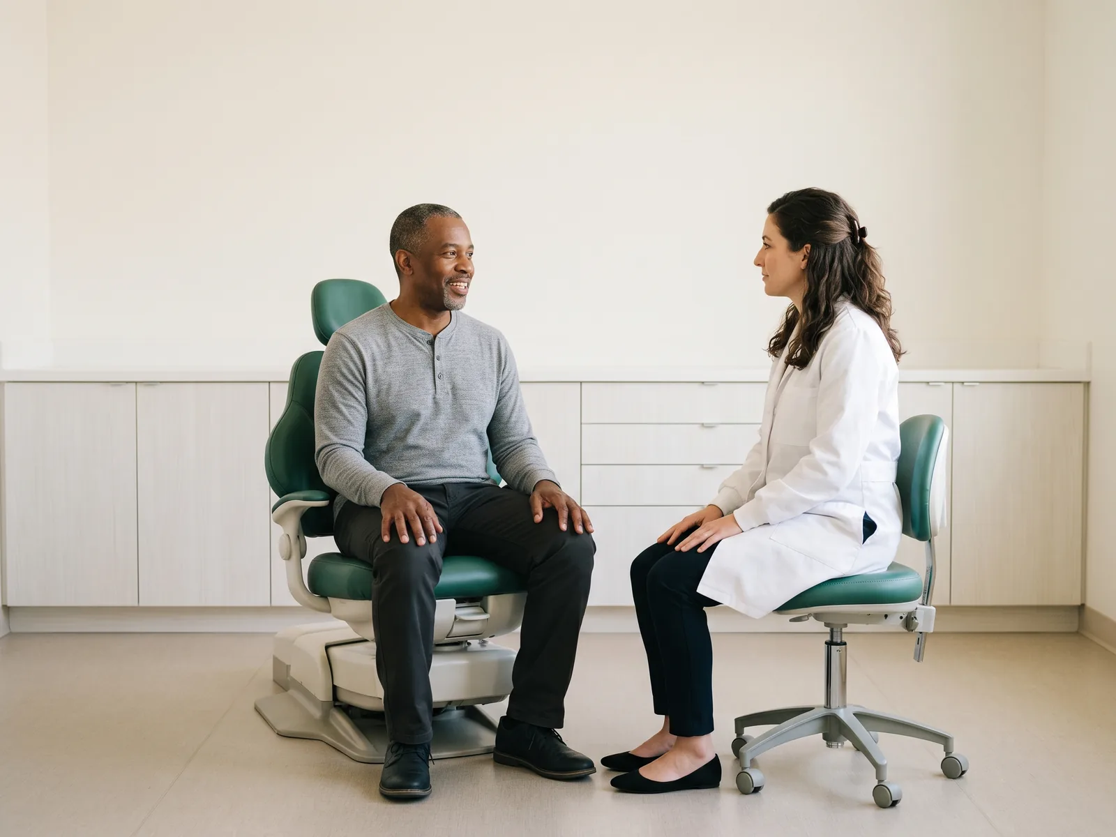 Illustrative dental conversation with a smiling man in a grey henley and a dentist in a white coat.