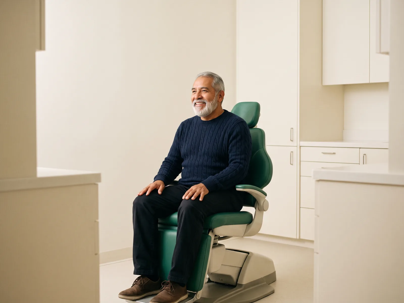 Illustrative image of a smiling bearded man in a navy cable-knit sweater seated in a dental chair.