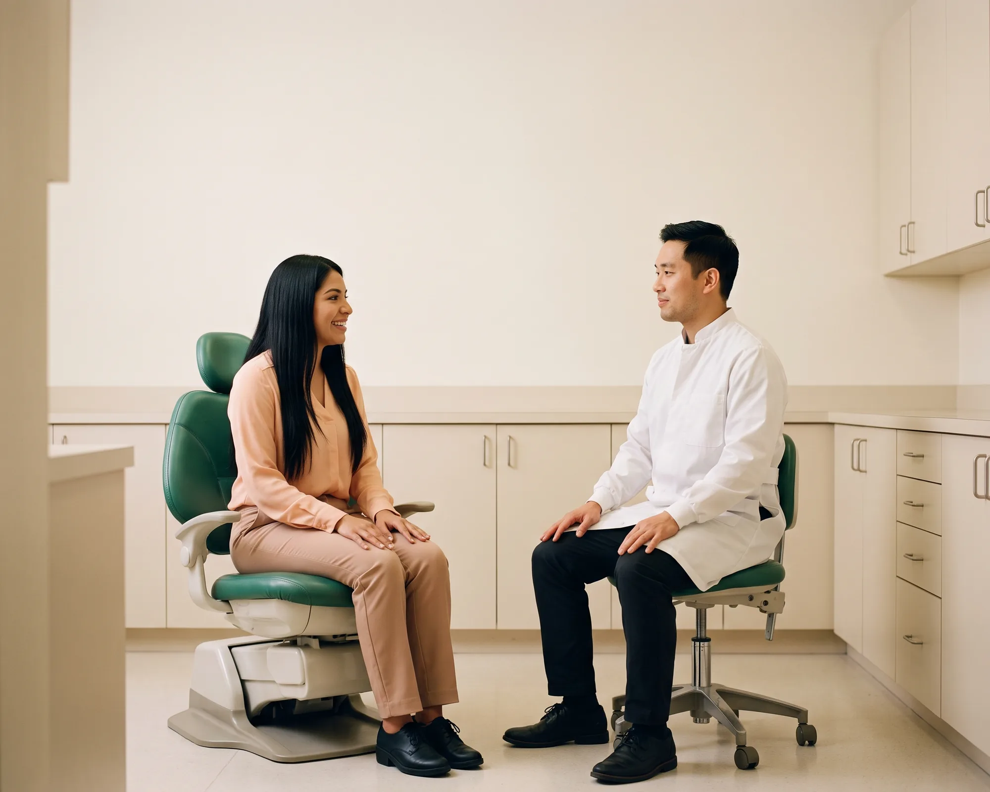 Illustrative dental conversation with a smiling young woman with long black hair in a peach blouse and a dentist in a white coat.