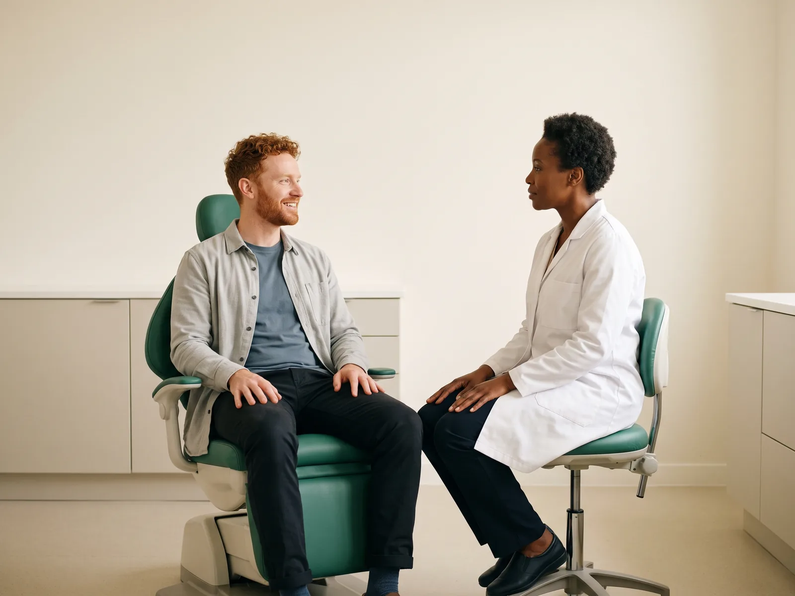 Illustrative dental conversation with a smiling red-haired man in a grey overshirt and a dentist in a white coat.