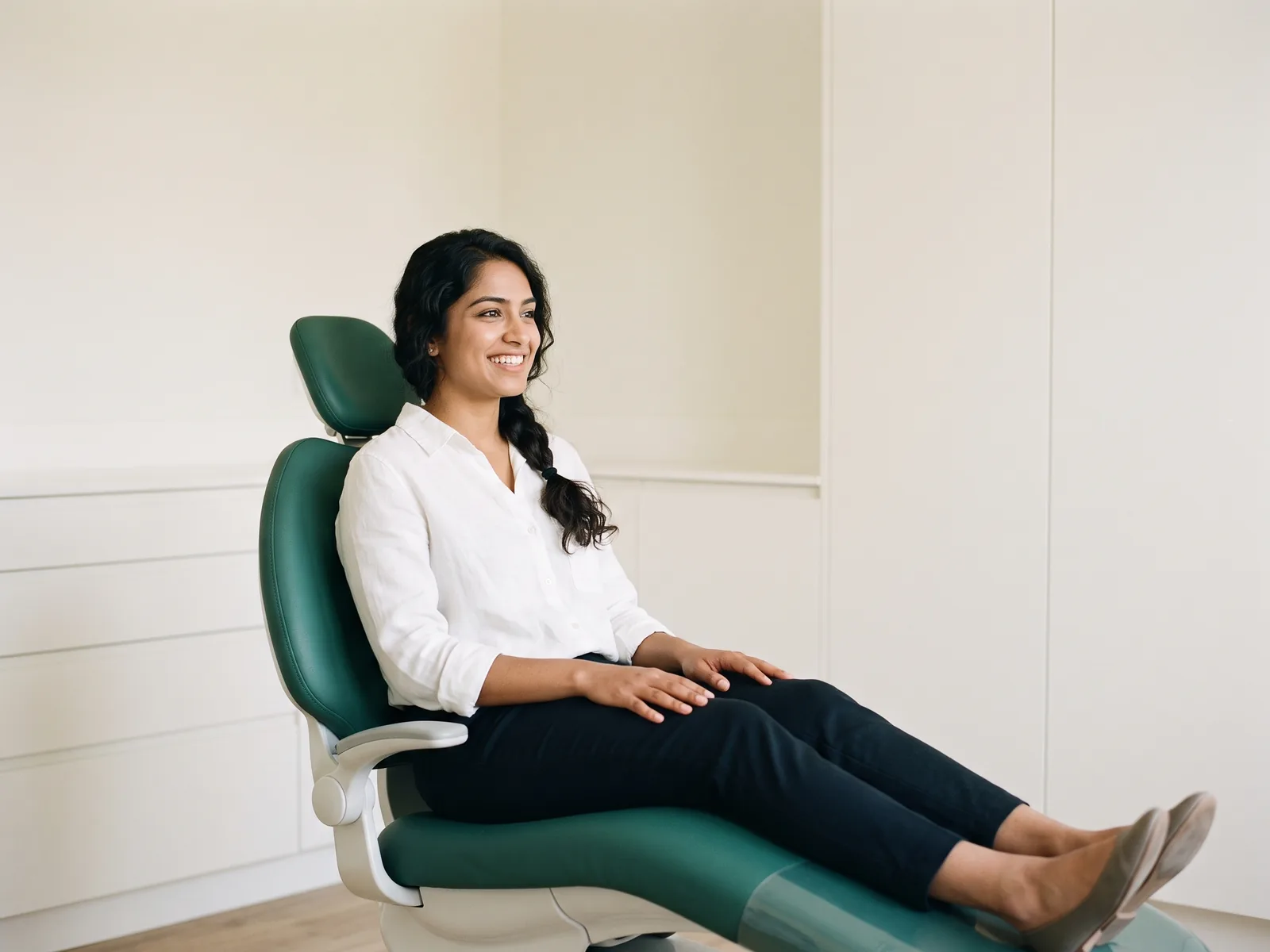 Illustrative image of a smiling woman with a long dark braid in a white linen shirt seated in a dental chair.