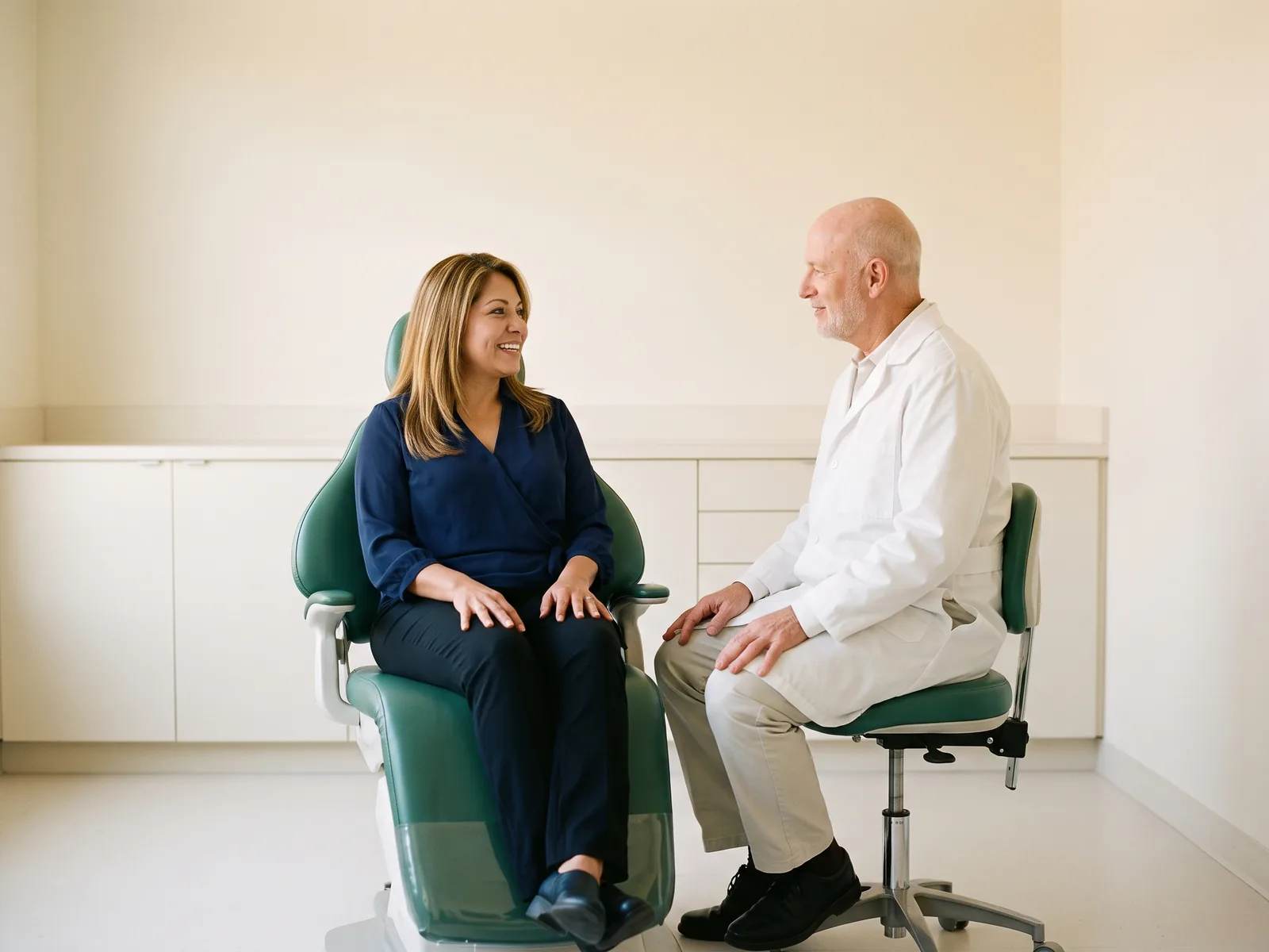 Illustrative dental conversation with a smiling woman in a navy wrap blouse and a dentist in a white coat.