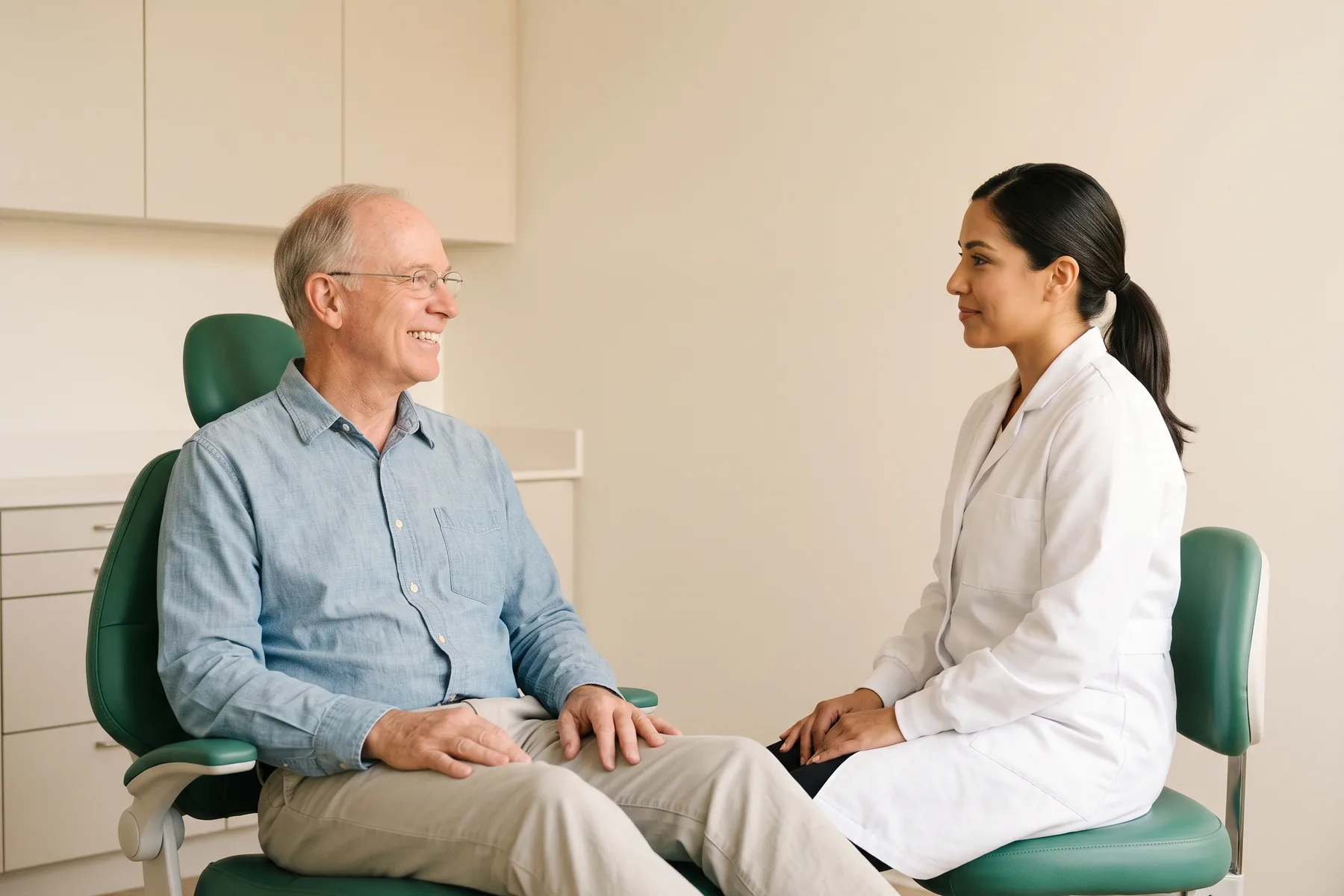Illustrative dental conversation with a smiling man in glasses and a chambray shirt and a dentist in a white coat.
