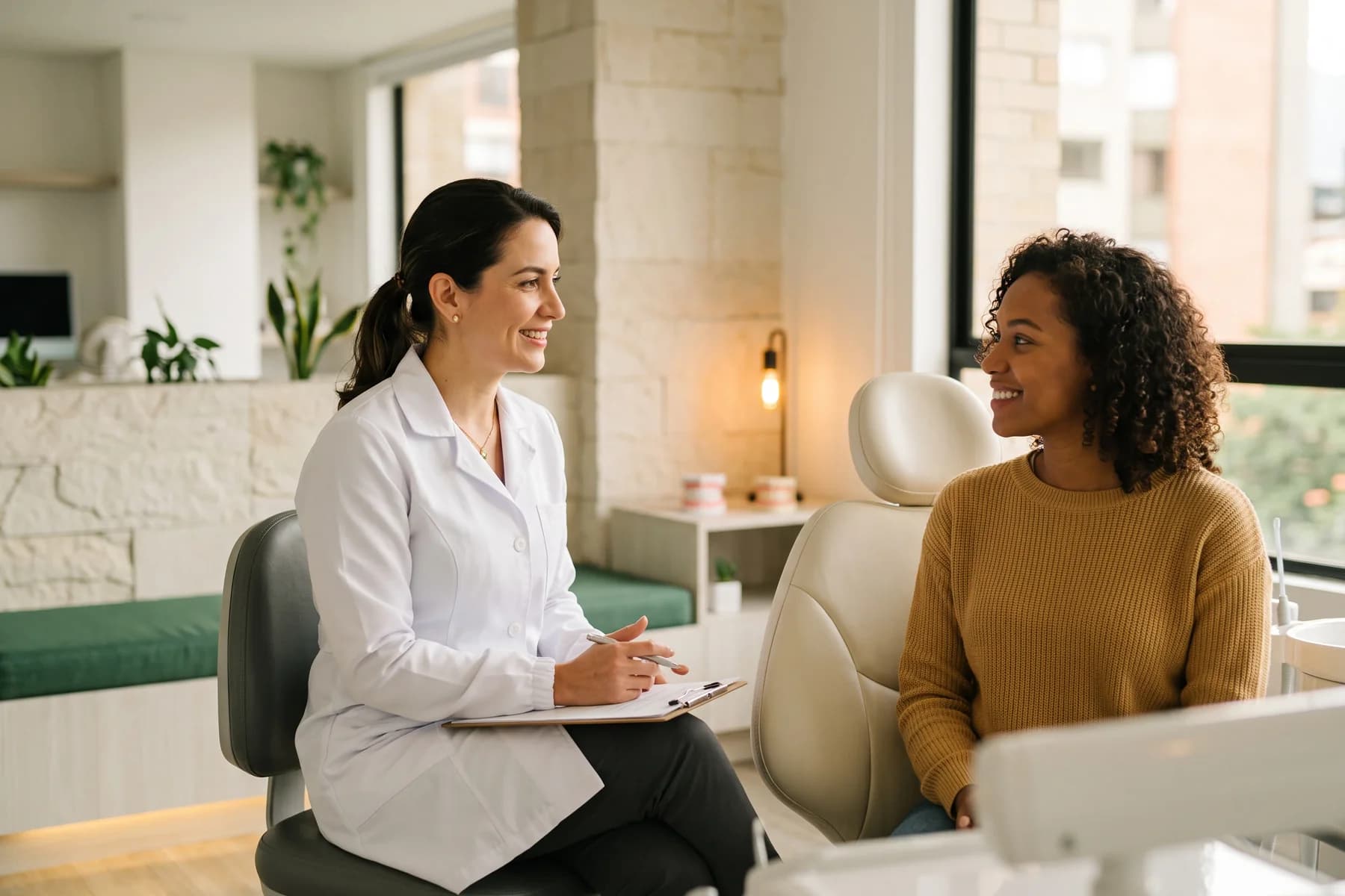 Smiling woman seated in a dental chair beside a dentist holding a clipboard