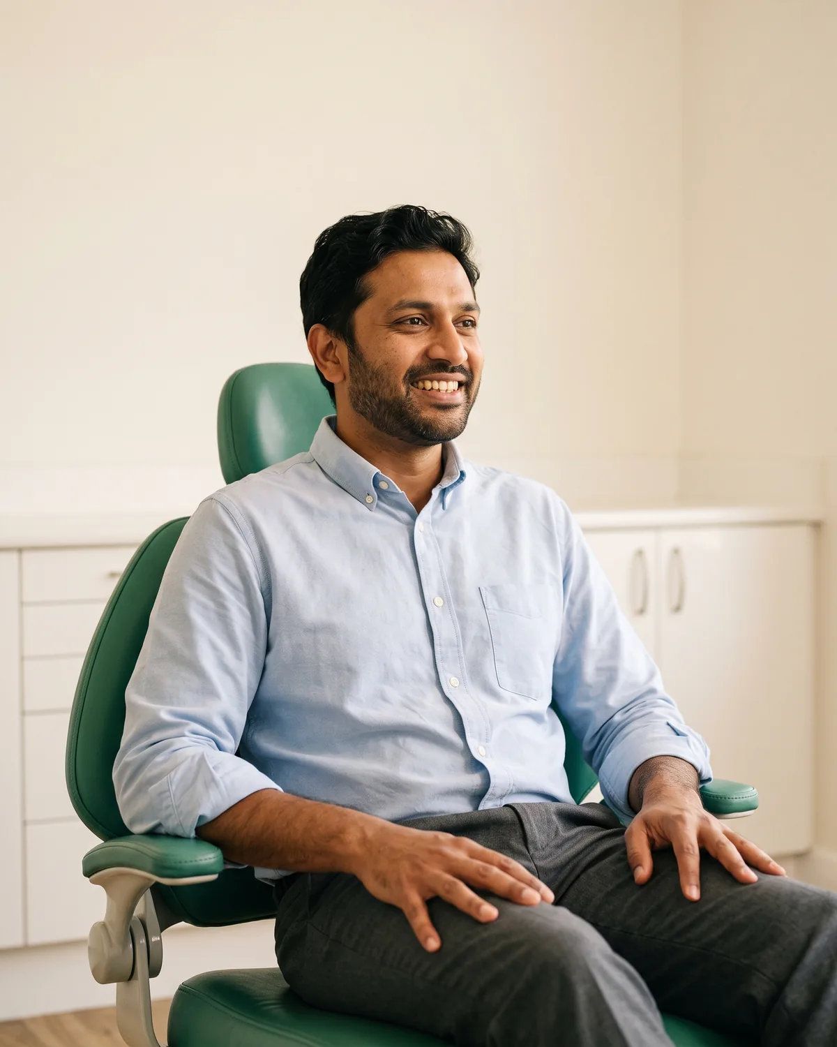 Smiling man in a light blue shirt seated in a green dental chair