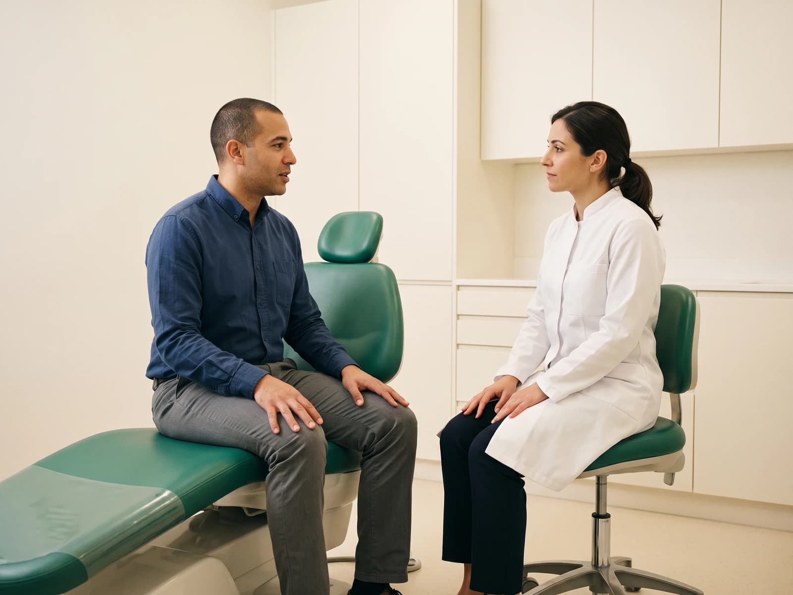 Illustration of a man in a blue shirt sitting sideways on a green dental chair facing a dentist.