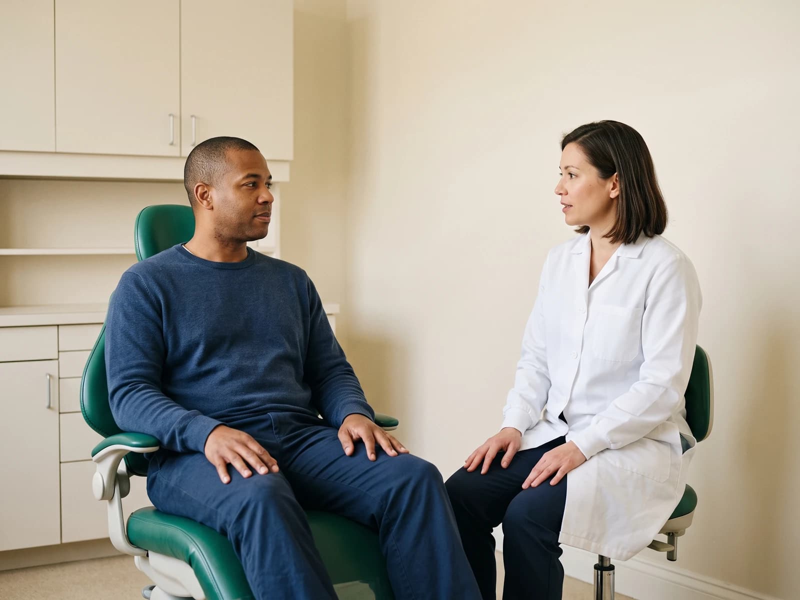 Illustration of a man in a blue sweater sitting opposite a dentist with a straight brown bob.