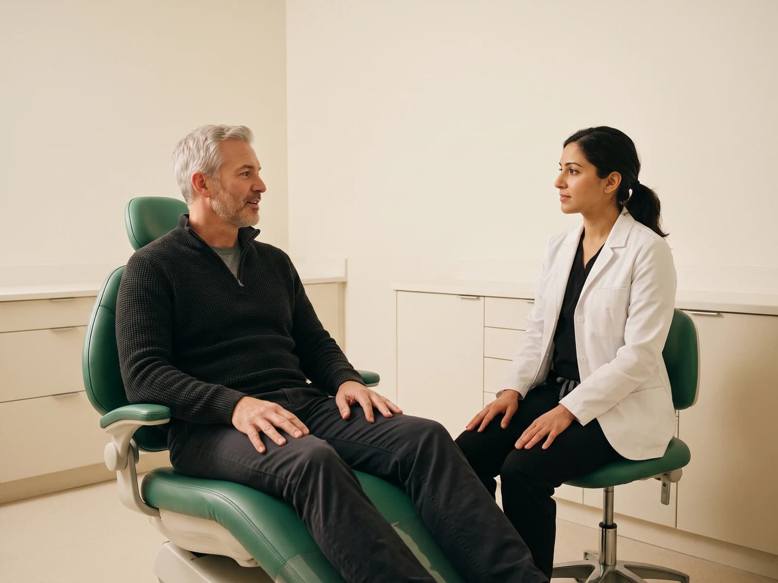 Illustration of a gray-haired, bearded man in a dark zip-neck sweater facing a dentist with a ponytail.