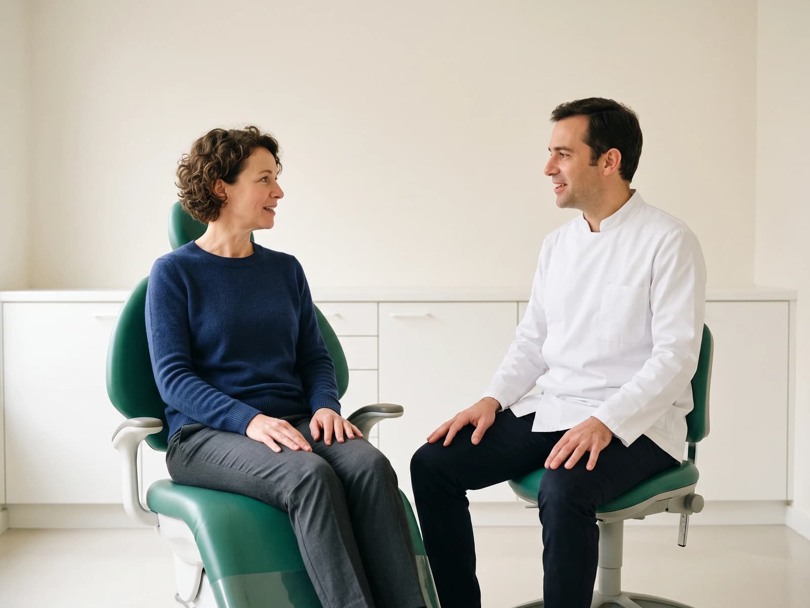 Illustration of a woman in a blue sweater and a dentist in a collarless white coat smiling at each other.