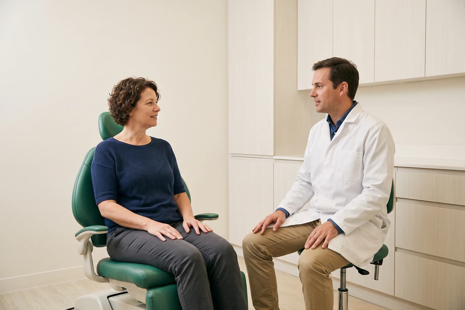 Illustration of a woman with short curls and a navy top facing a dentist wearing a white coat over blue.