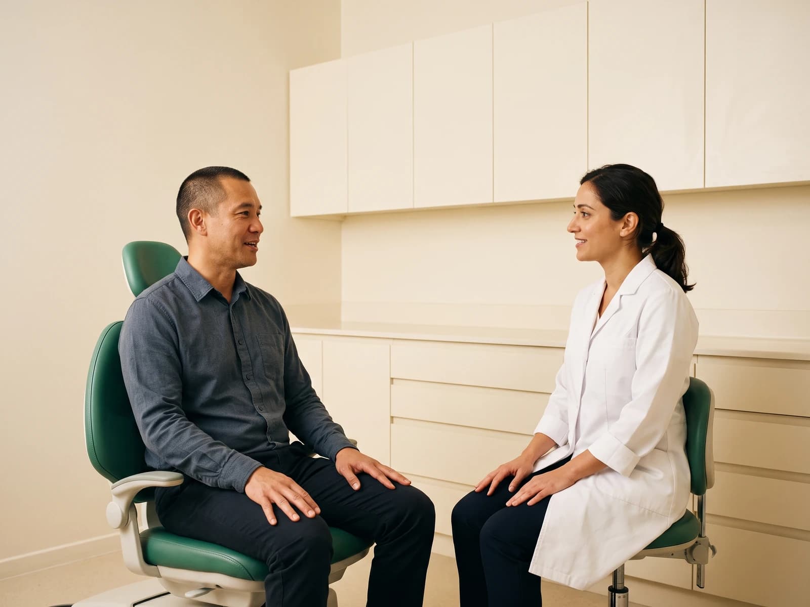 Illustration of a man in a charcoal shirt and a dentist with a ponytail smiling at each other.
