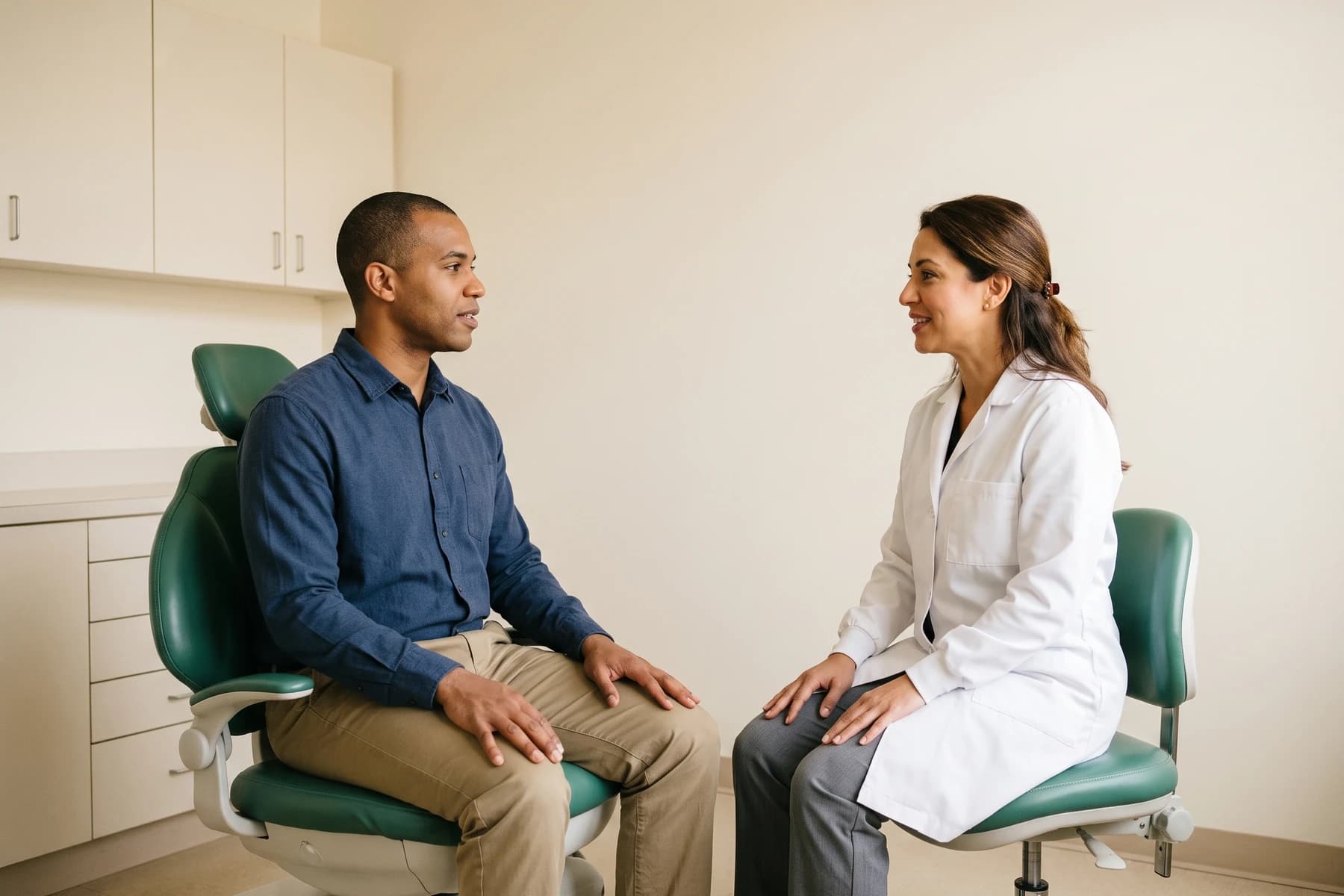 Illustration of a man in a blue shirt and tan trousers facing a dentist with her hair clipped back.