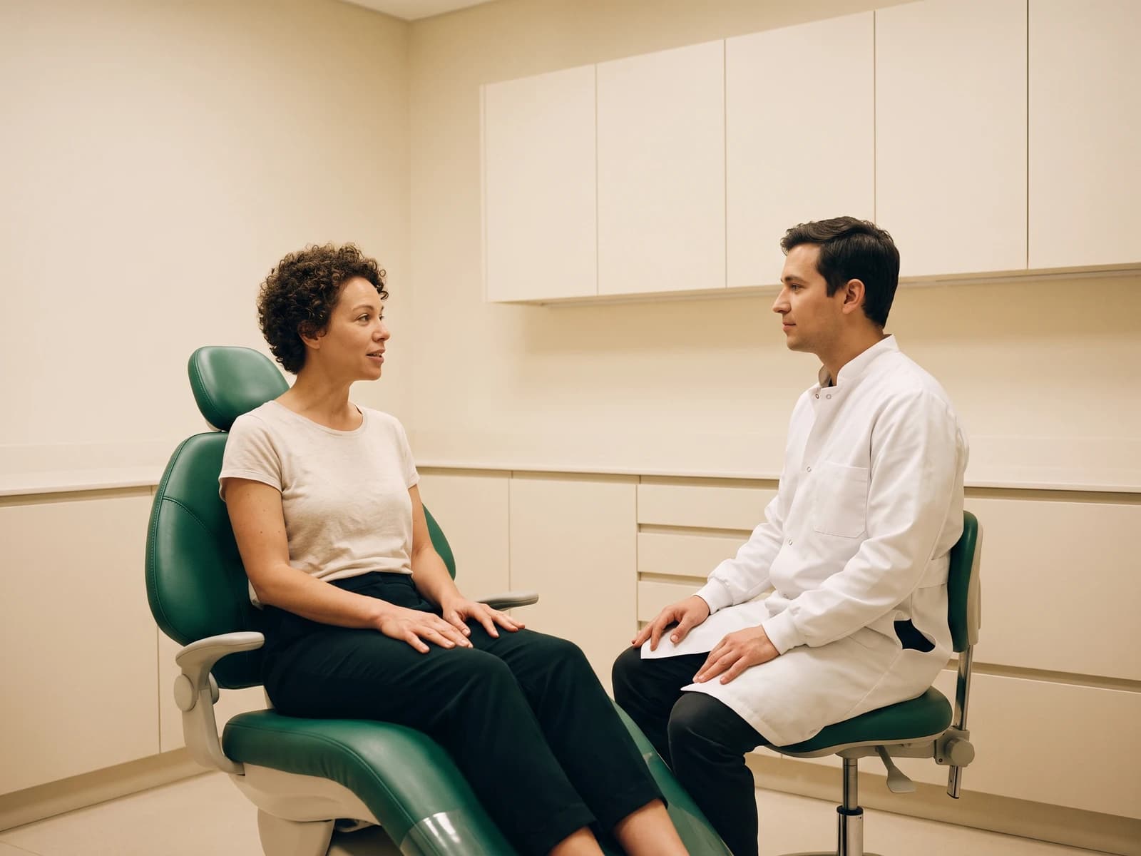 Illustration of a woman with short curls and a cream T-shirt sitting on a green dental chair opposite a dentist.