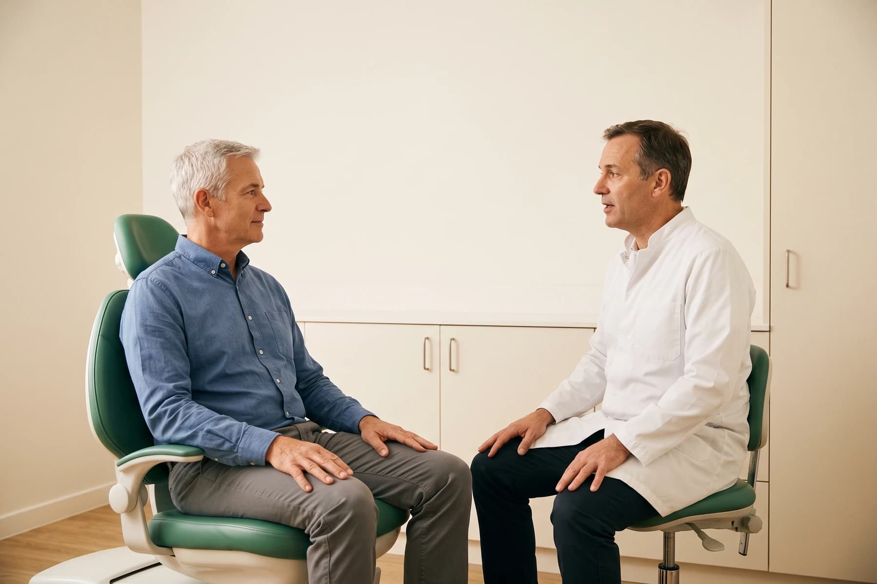 Illustration of a gray-haired man in blue facing a dentist beside tall ivory cupboards.
