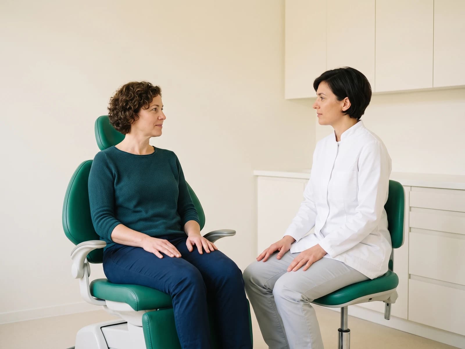 Illustration of a woman with short curls and a teal top sitting opposite a short-haired dentist.