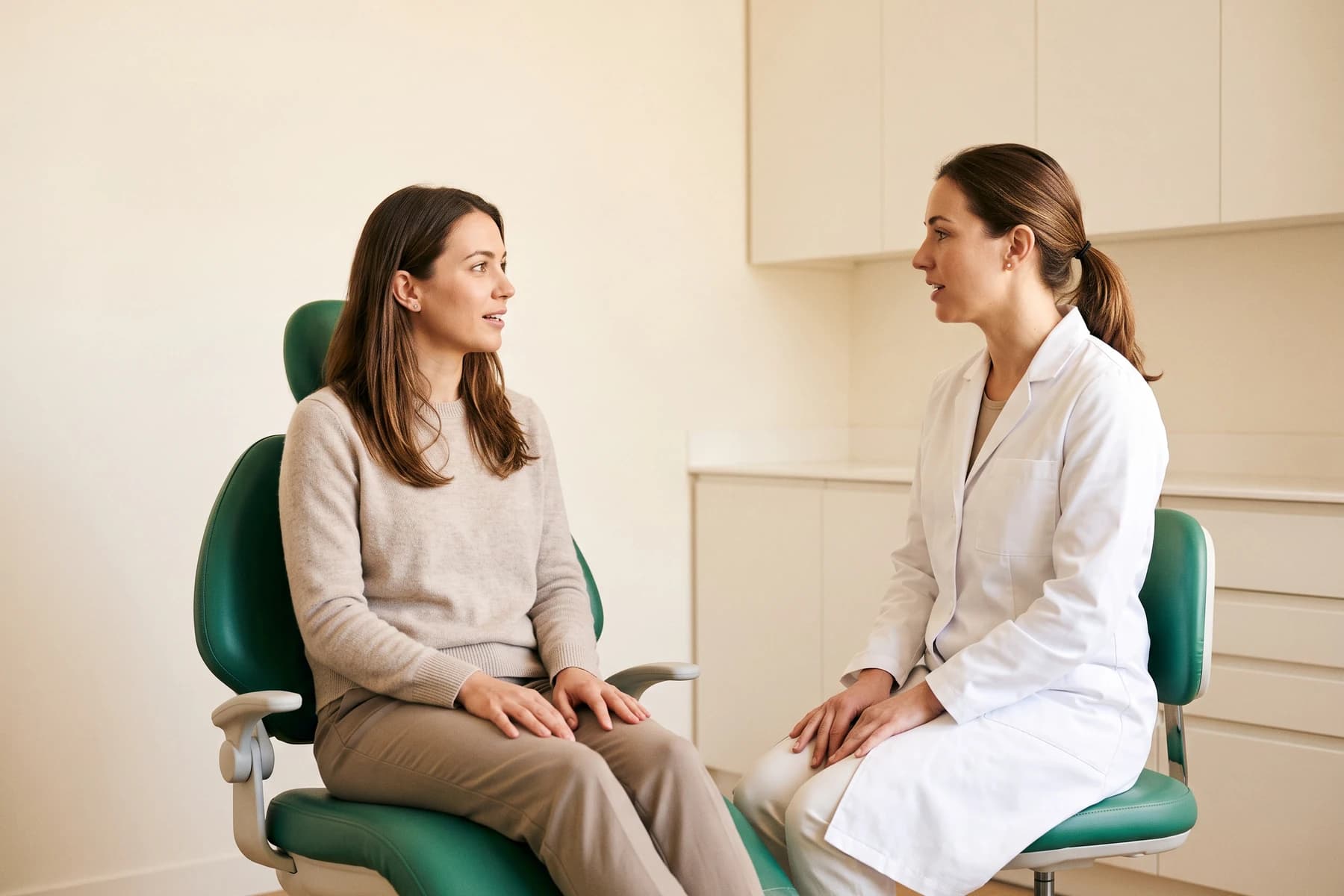 Illustration of a woman in a beige sweater sitting opposite a dentist with a ponytail.
