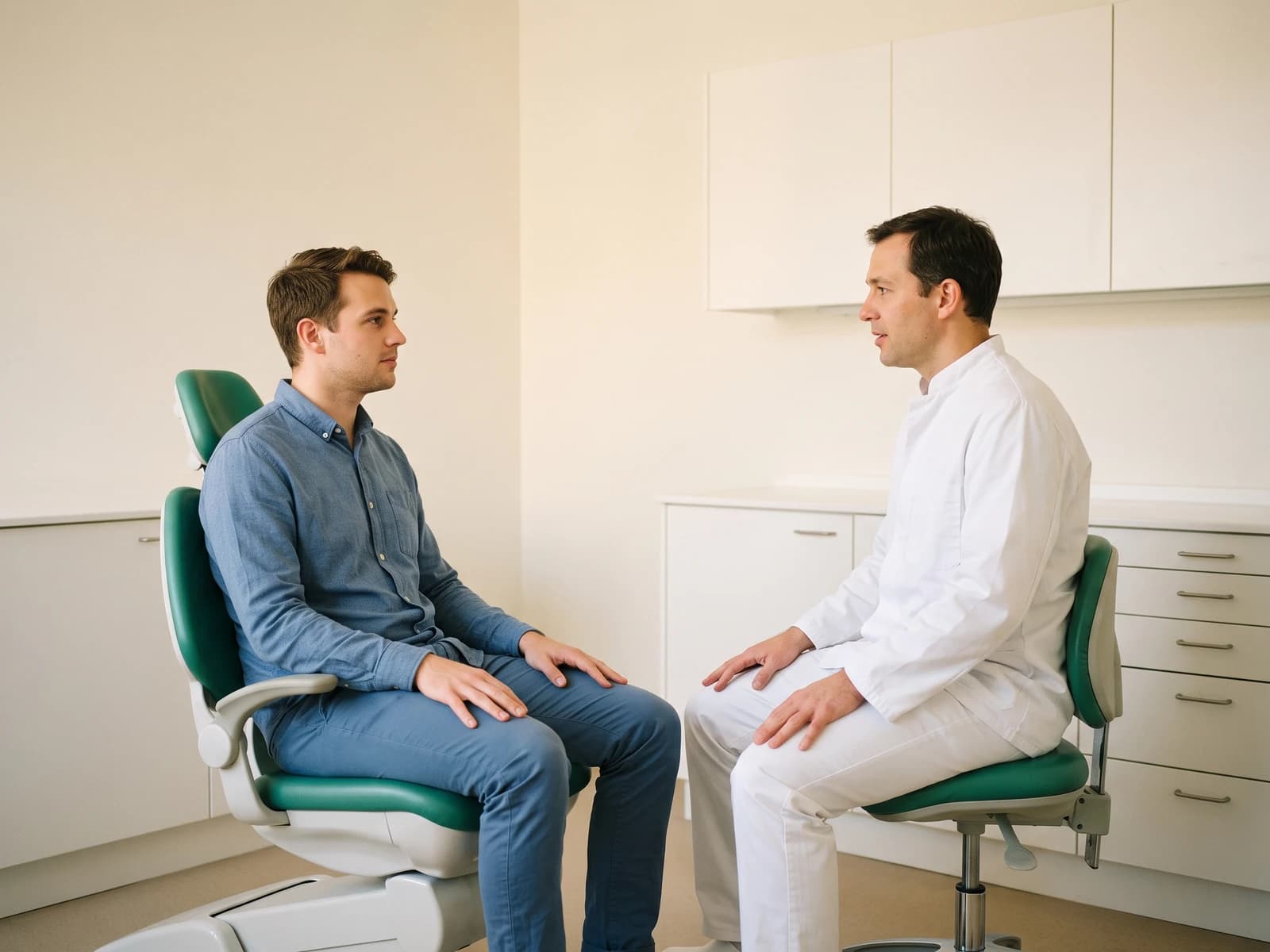 Illustration of a man in a blue shirt and trousers facing a dentist dressed in white.