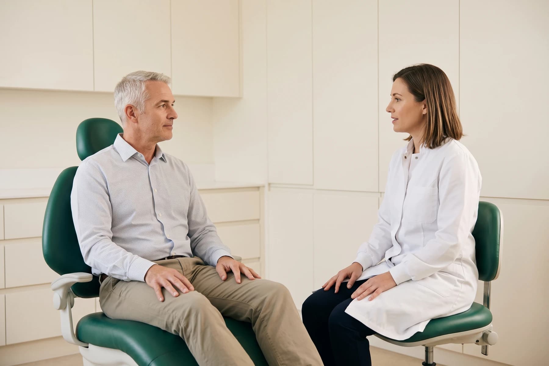 Illustration of a gray-haired man in a light checked shirt sitting opposite a dentist in a white coat.