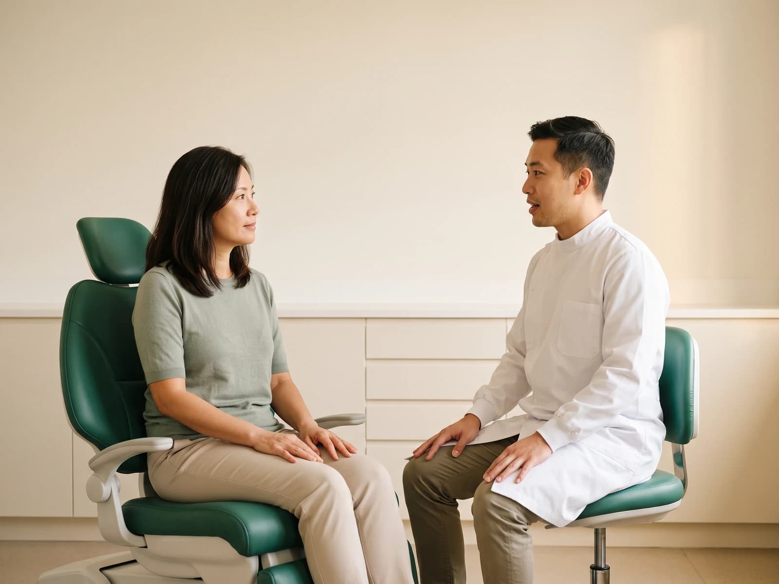 Illustration of a woman in a sage top facing a short-haired dentist, both resting their hands on their laps.