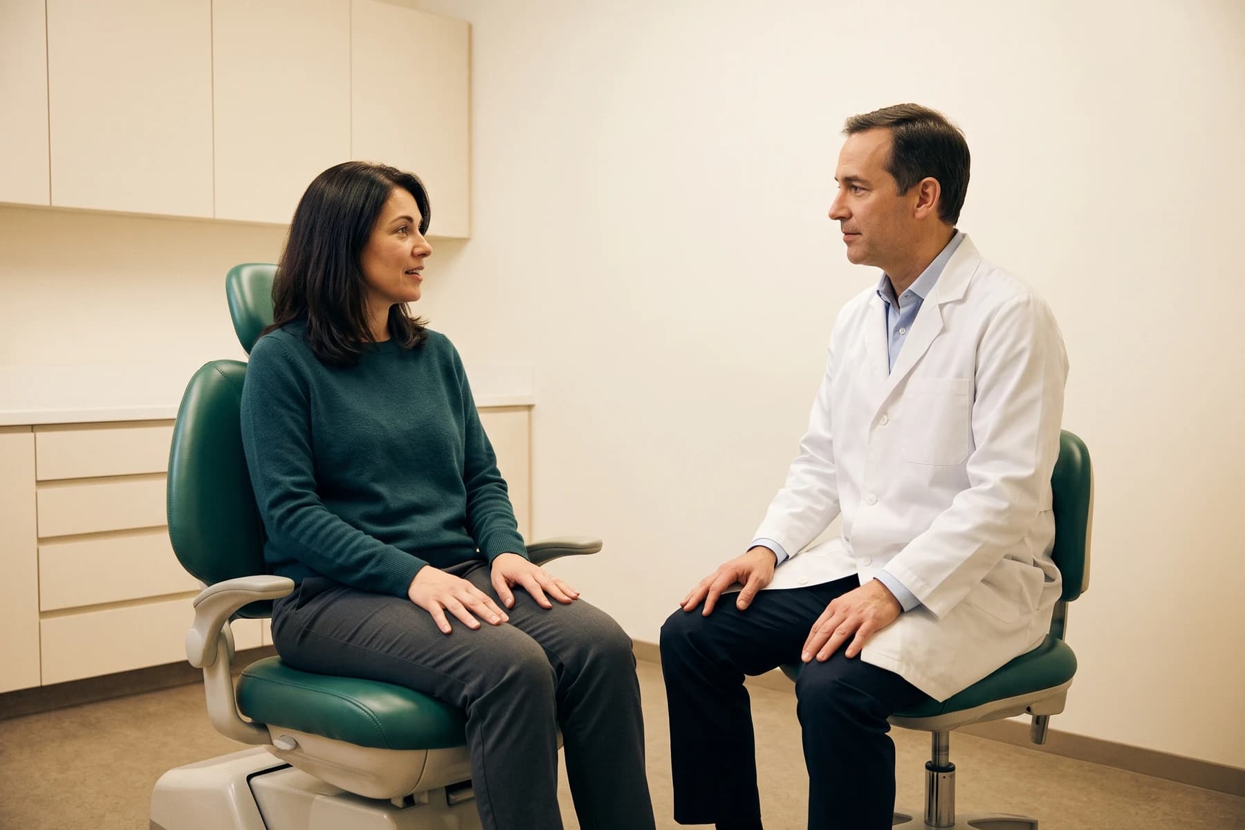Illustration of a woman in a dark green sweater facing a dentist in a white coat over blue.