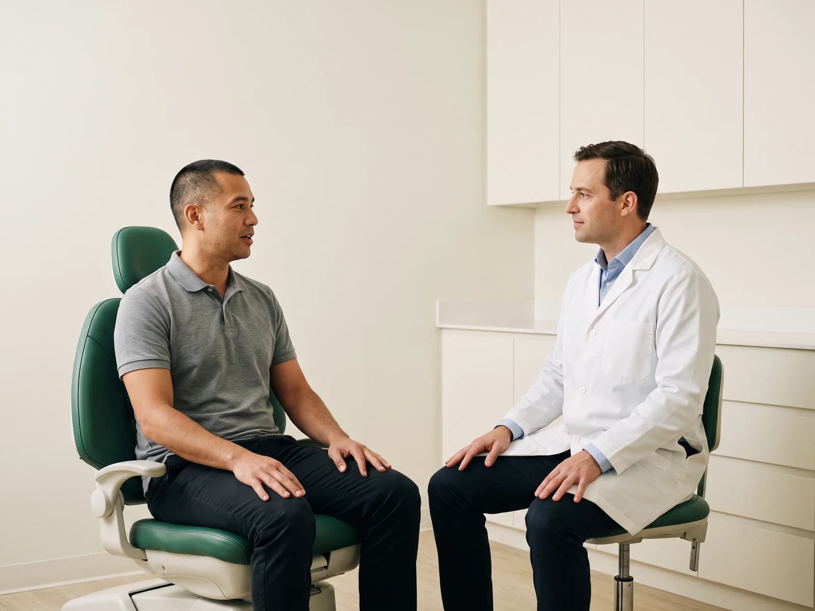 Illustration of a man in a gray polo sitting upright opposite a dentist in a white coat.