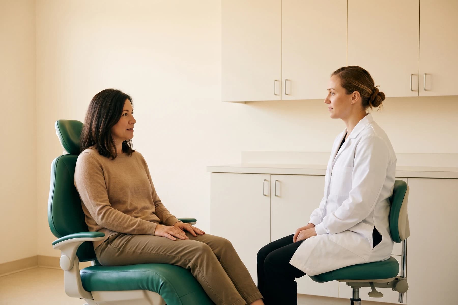 Illustration of a woman in tan sitting opposite a dentist with a bun, beside an empty ivory counter.