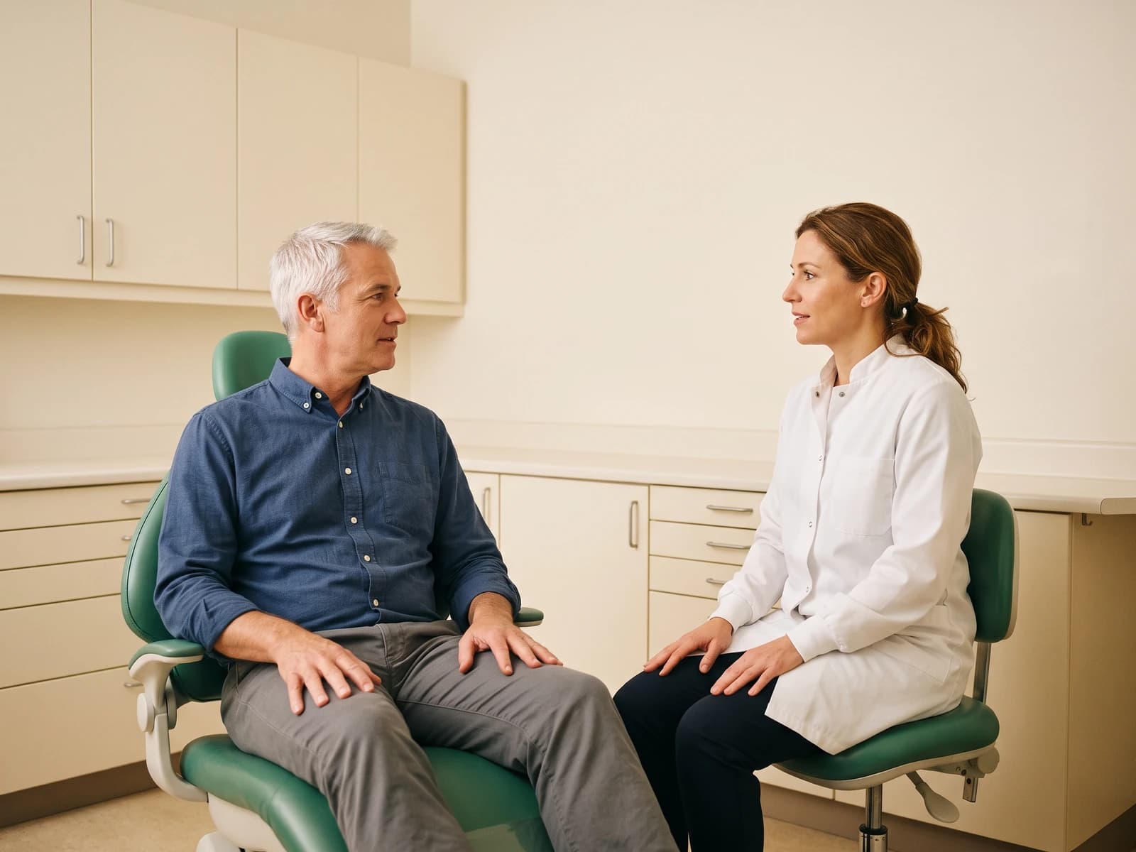 Illustration of a gray-haired man with rolled shirt sleeves facing a dentist with a brown ponytail.