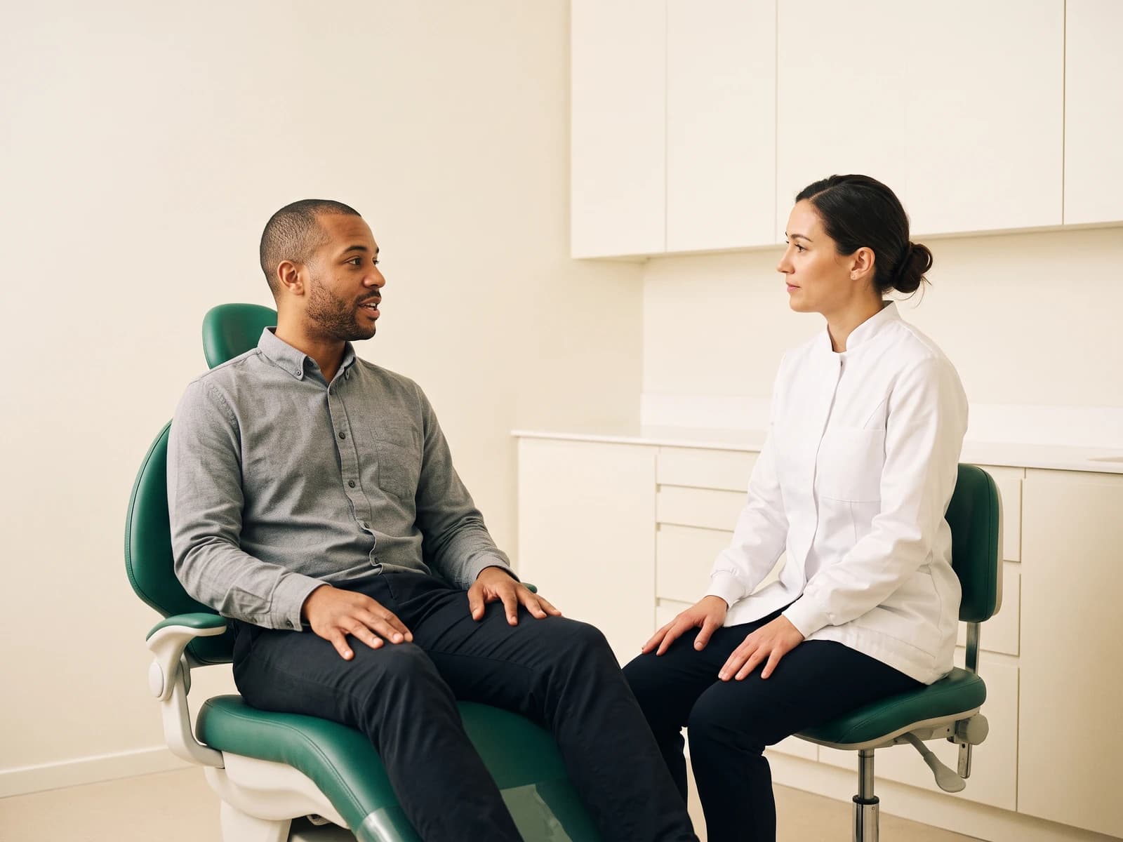 Illustration of a bearded man in a gray shirt facing a dentist, his legs extending along the chair.