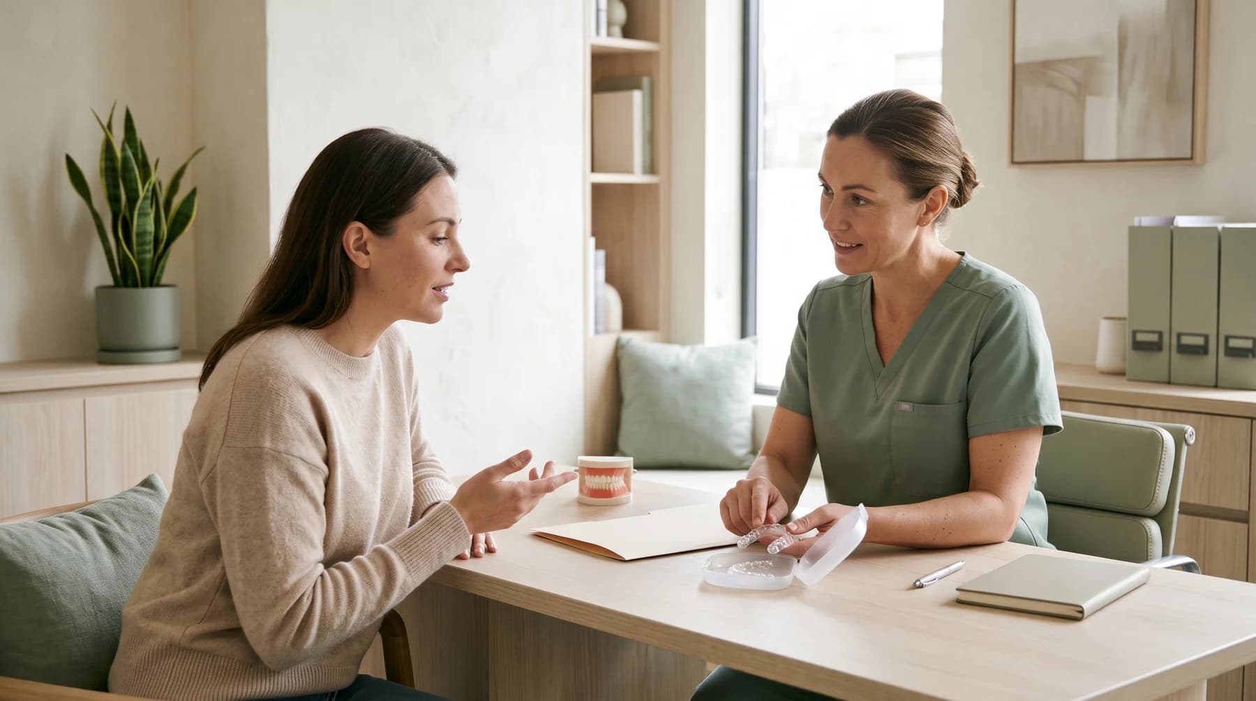 Illustrative discussion of home dental care in a consultation room.