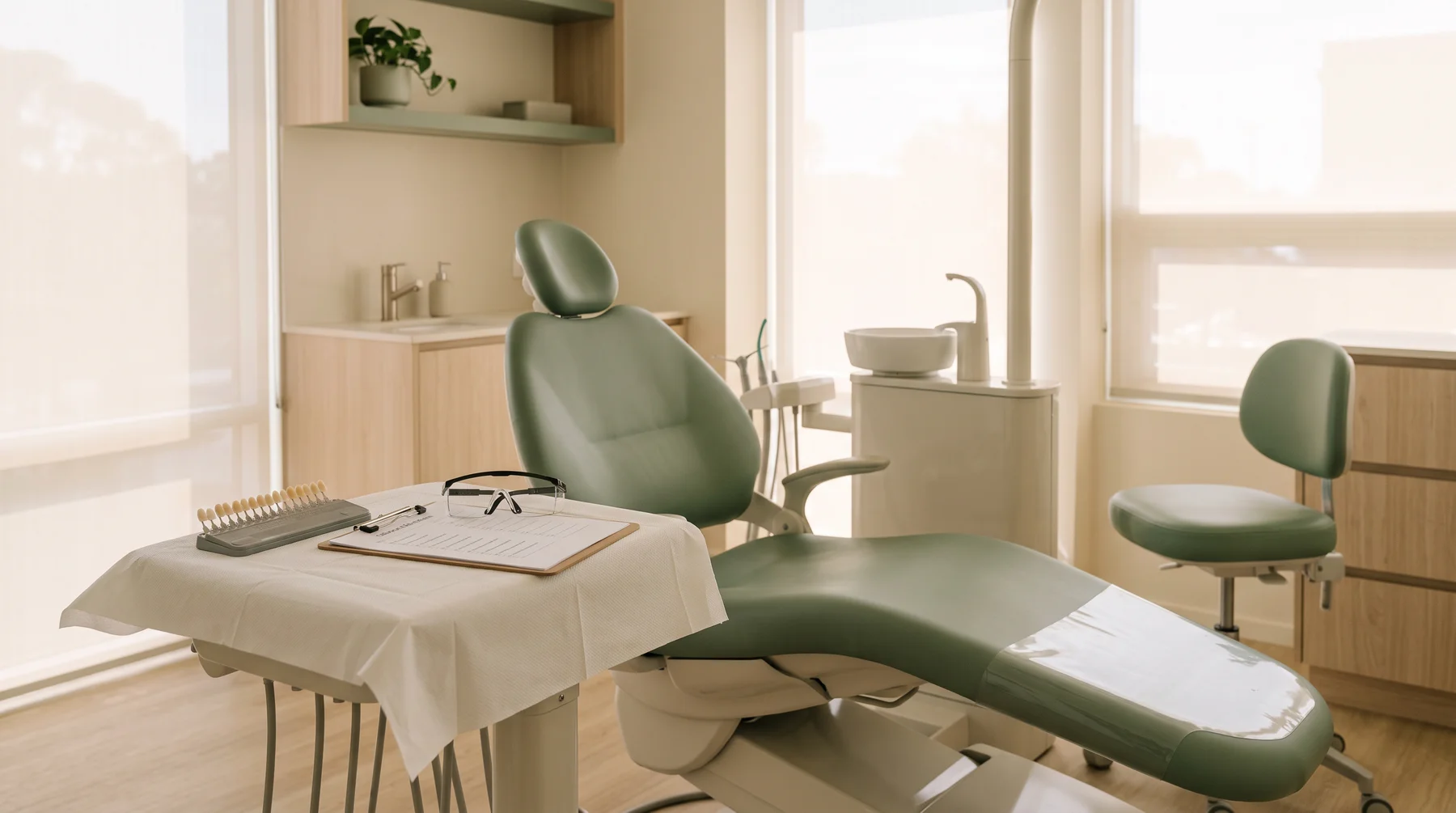 Illustrative empty treatment room with a green dental chair.