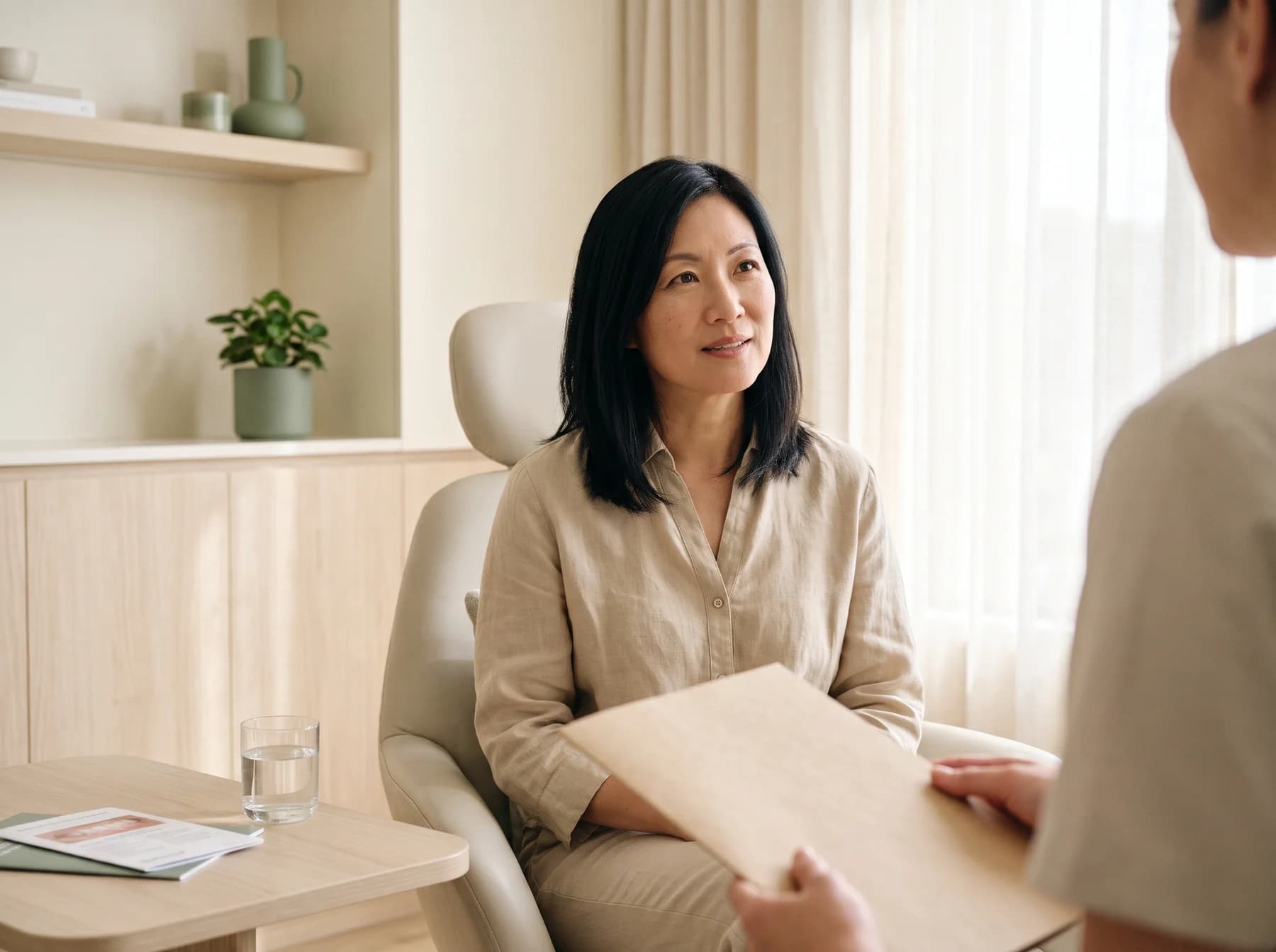 Illustrative portrait of an adult in a calm dental consultation room.