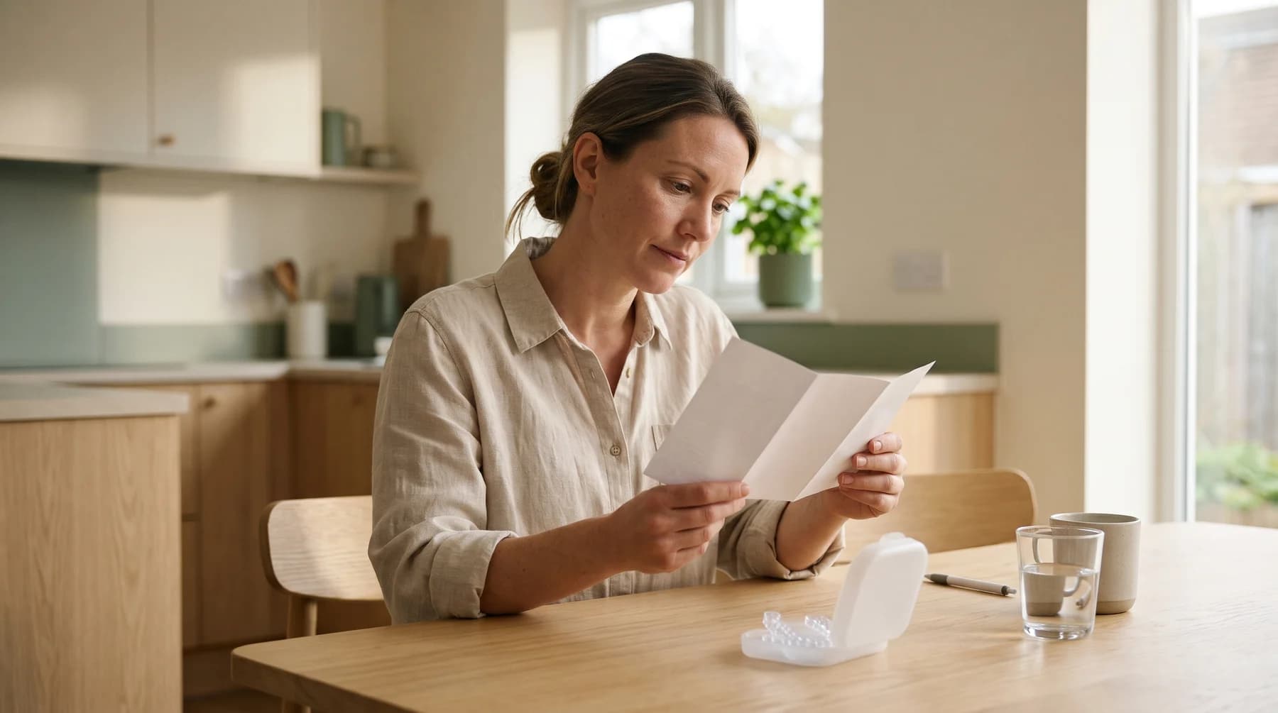 Illustrative scene of a woman reading a leaflet beside a tray case.