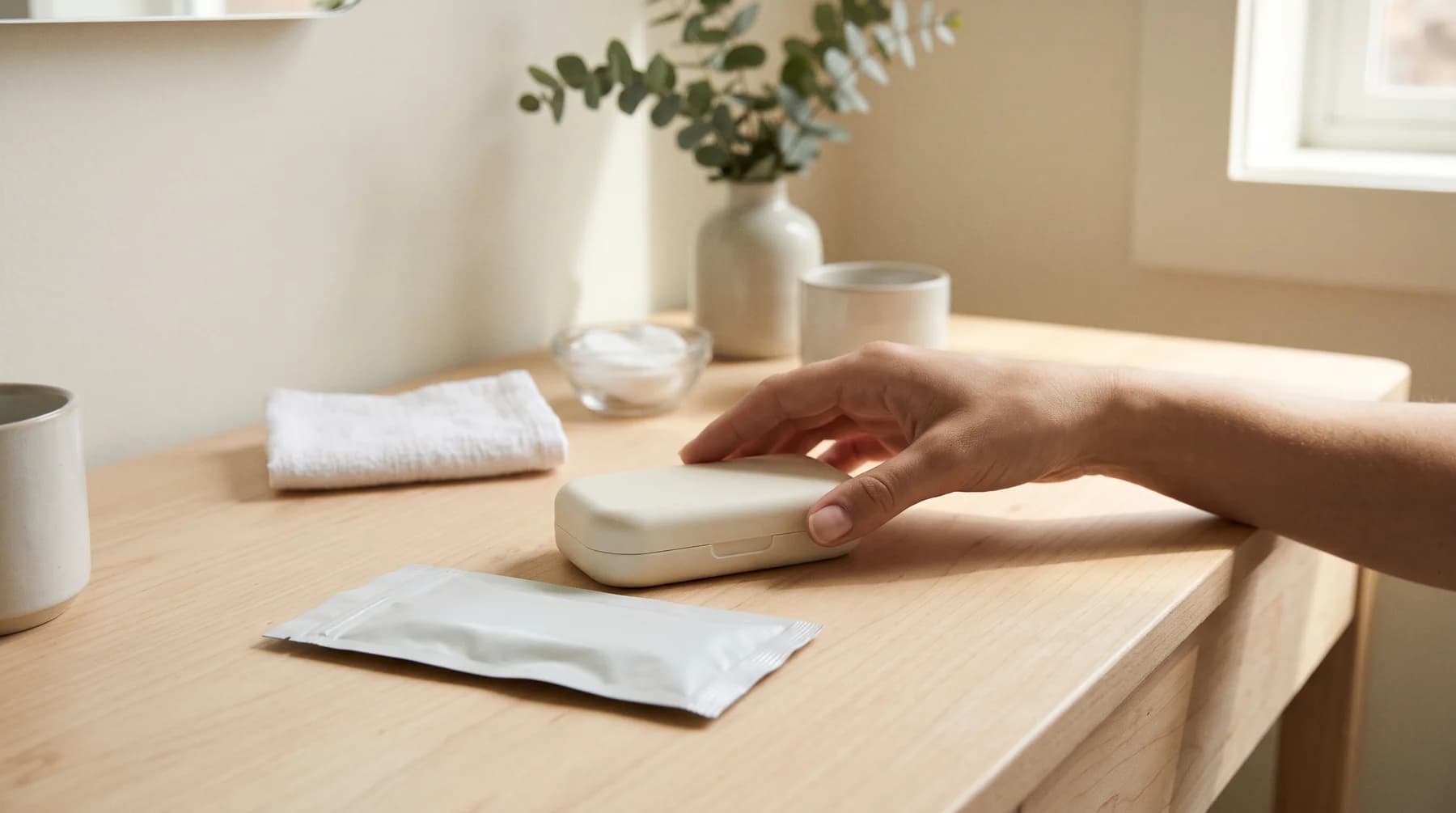 Illustrative still life of a tray case and an unbranded sealed pouch.