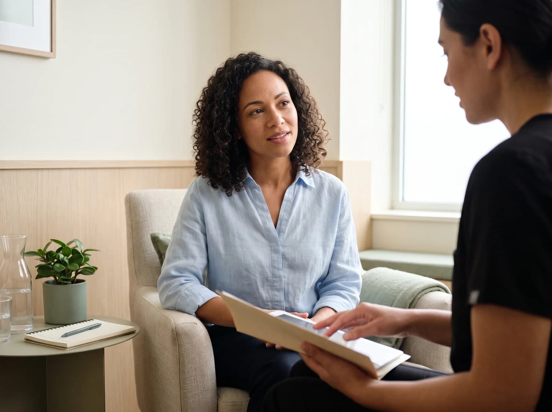 Illustrative portrait of an adult in a calm dental consultation room.