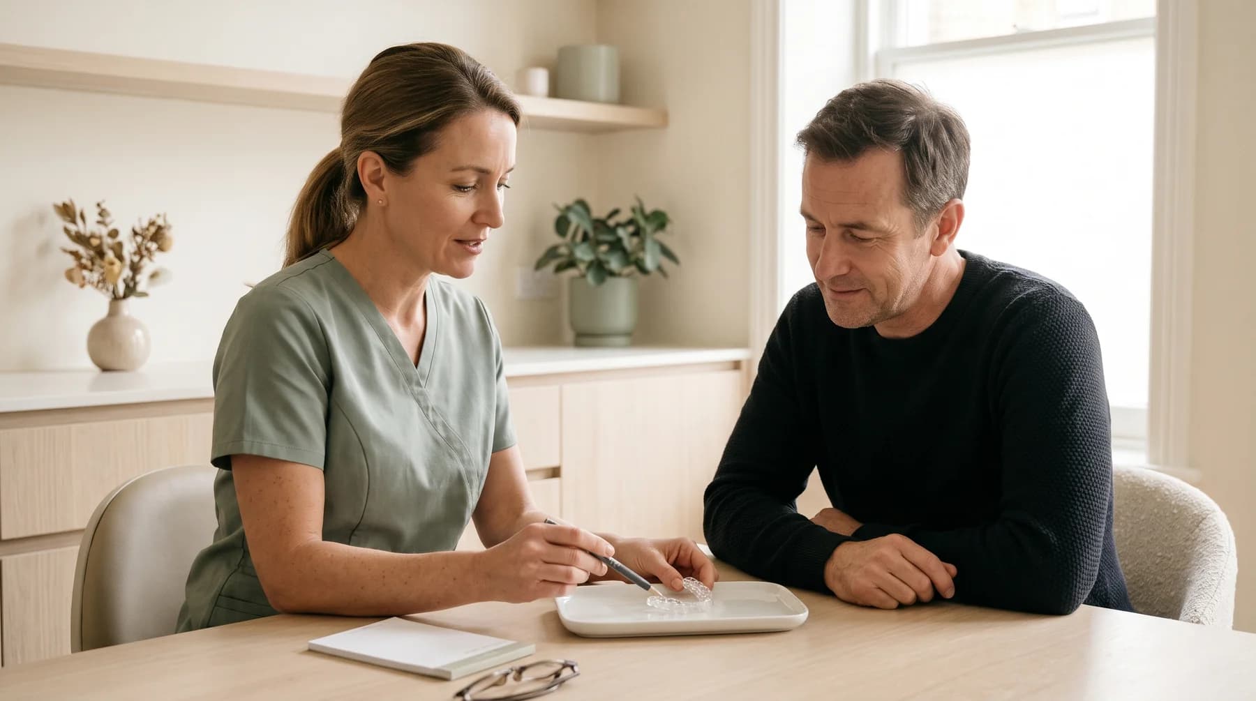 Illustrative discussion of a transparent tray with a dental professional.