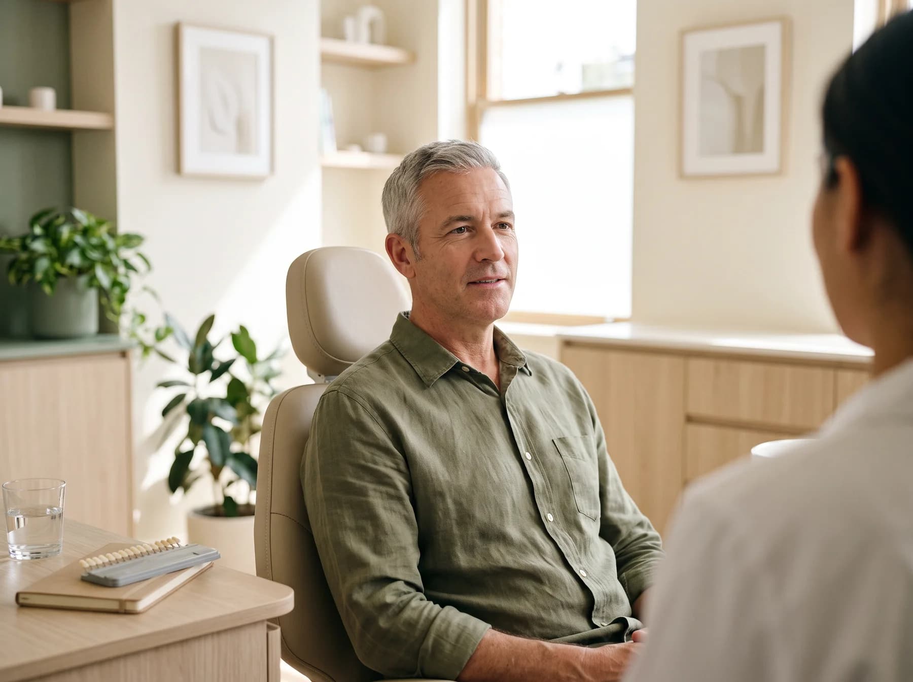Illustrative portrait of an adult in a calm dental consultation room.