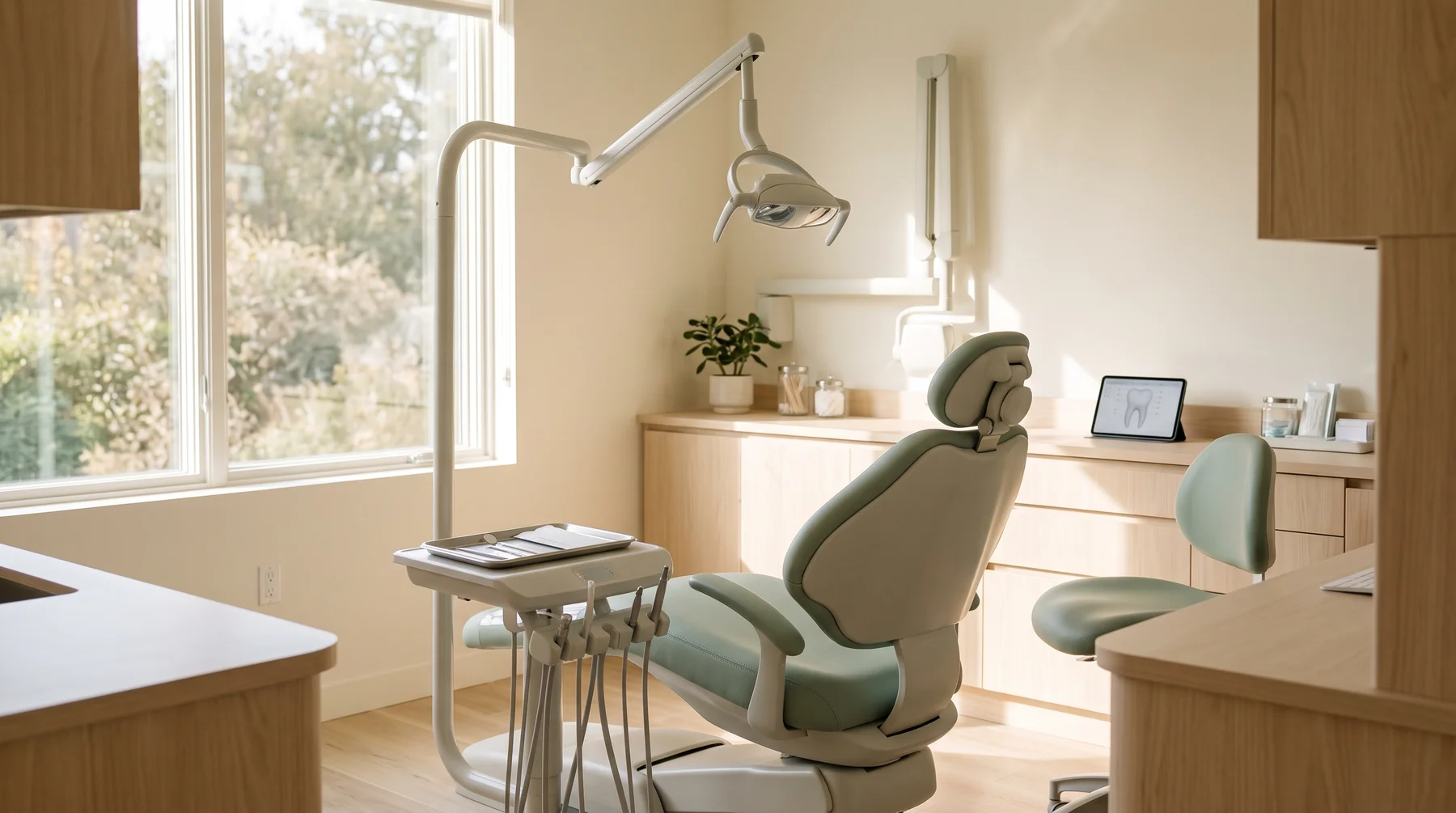 Illustrative empty dental room with a chair and an unlit lamp.
