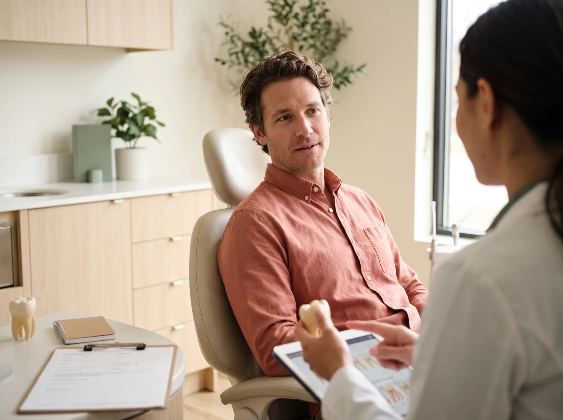 Illustrative portrait of an adult in a calm dental consultation room.