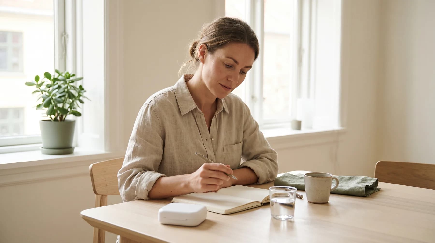 Illustrative planning scene with a notebook and tray case at a table.