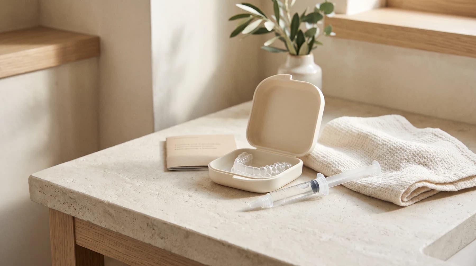 Illustrative tray case and capped gel dispenser on a countertop.