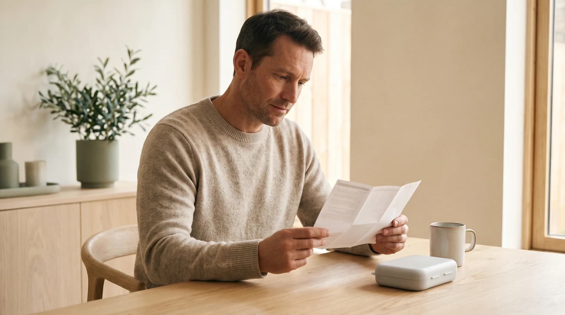 Illustrative scene of a man reading an instruction leaflet.