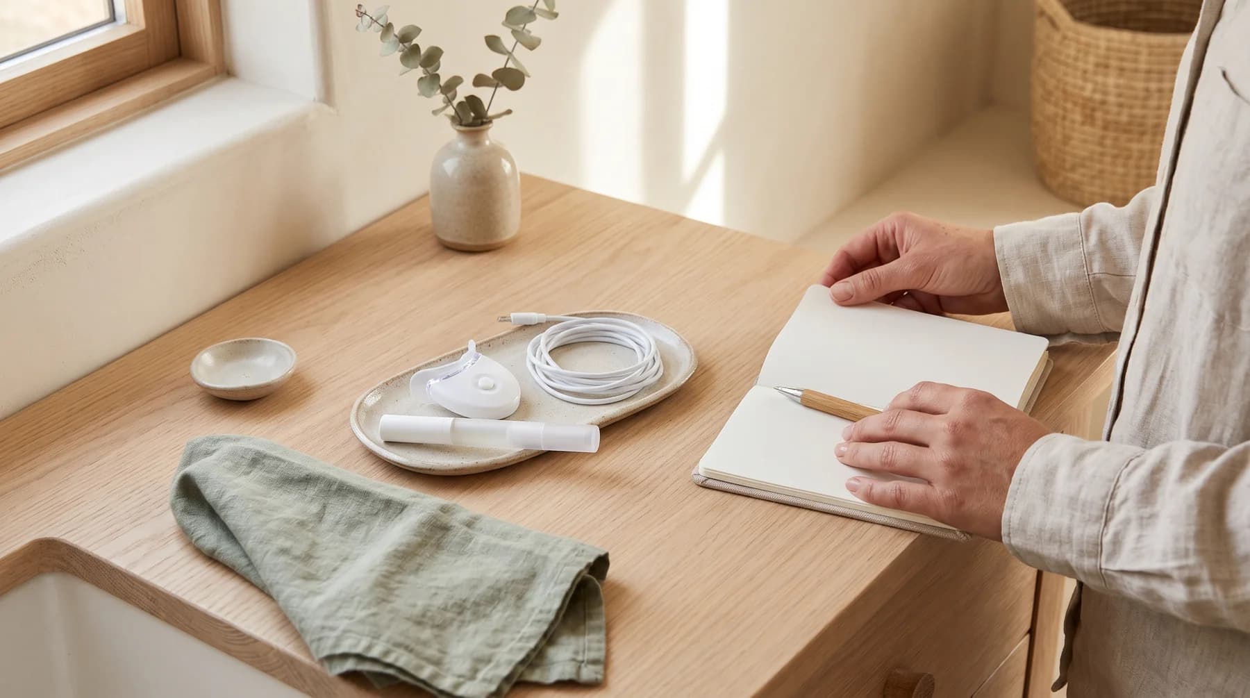 Illustrative generic whitening mouthpiece, applicator and cable on a countertop.